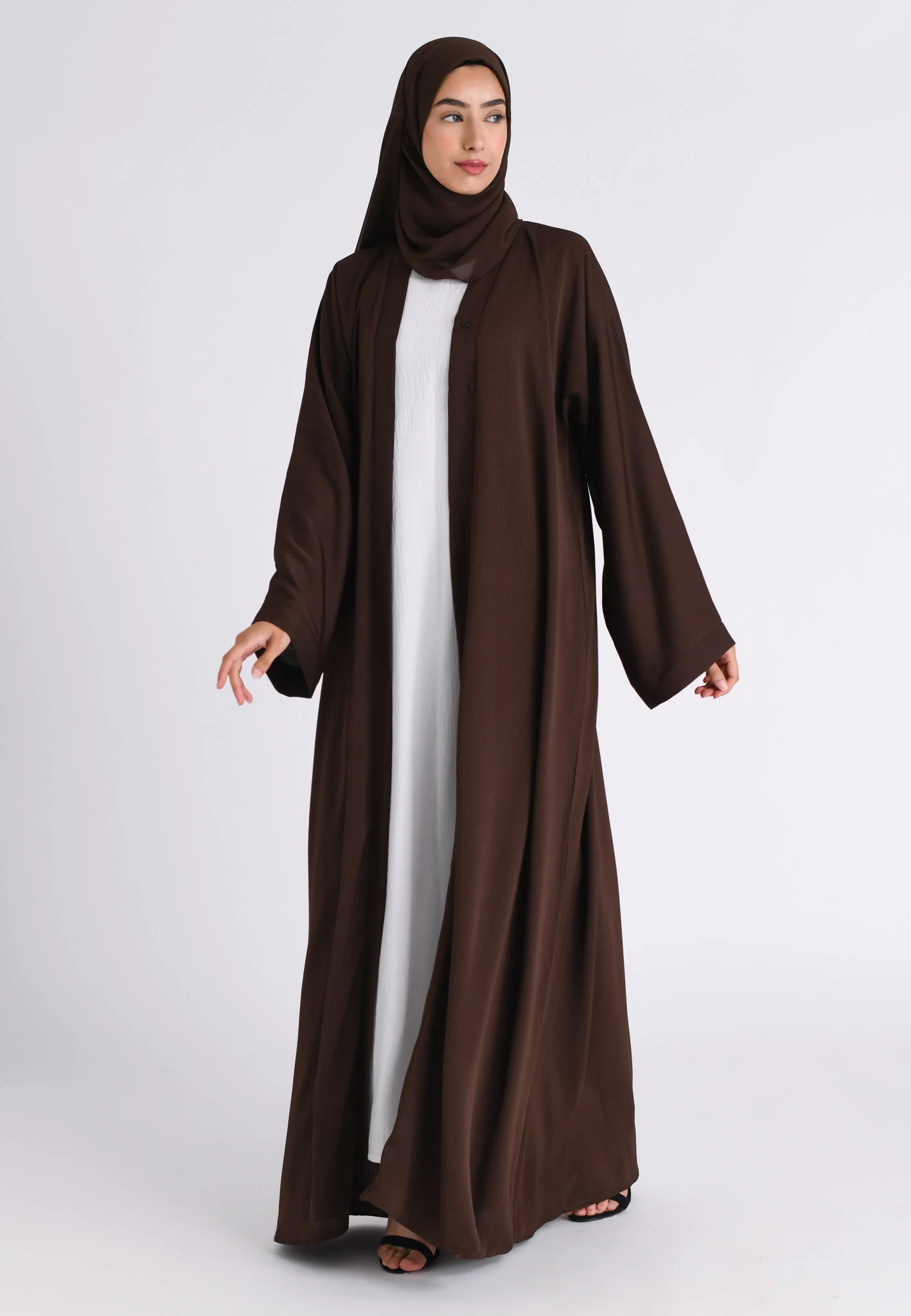 Plain Chocolate Brown Textured Open Abaya (Premium) - Hayah Al-Muslimah