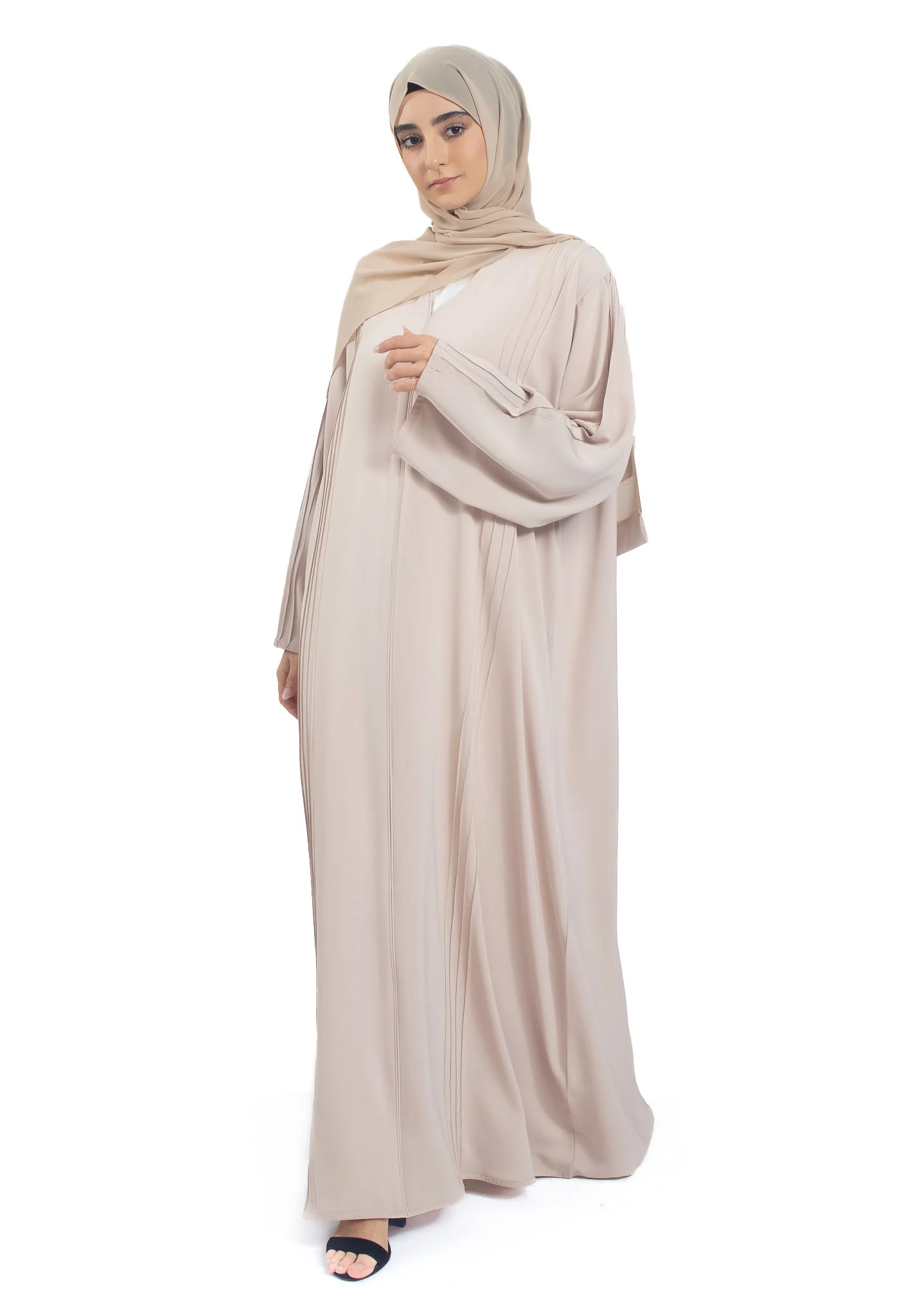 Premium Beige Closed Abaya with Pleats Detailing - Hayah Al-Muslimah