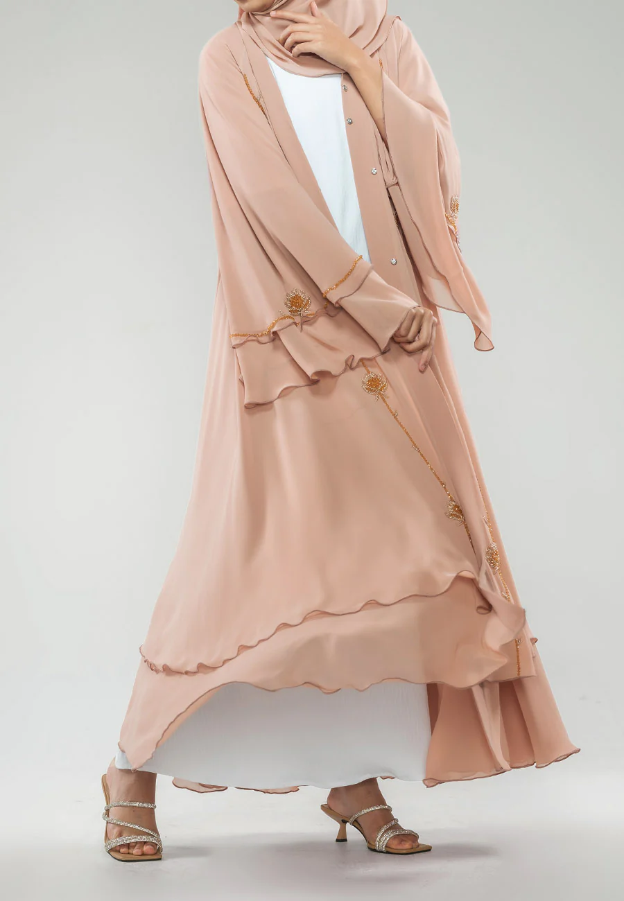 Blushing Peach Embellished Chiffon Layered Abaya - Hayah Al-Muslimah