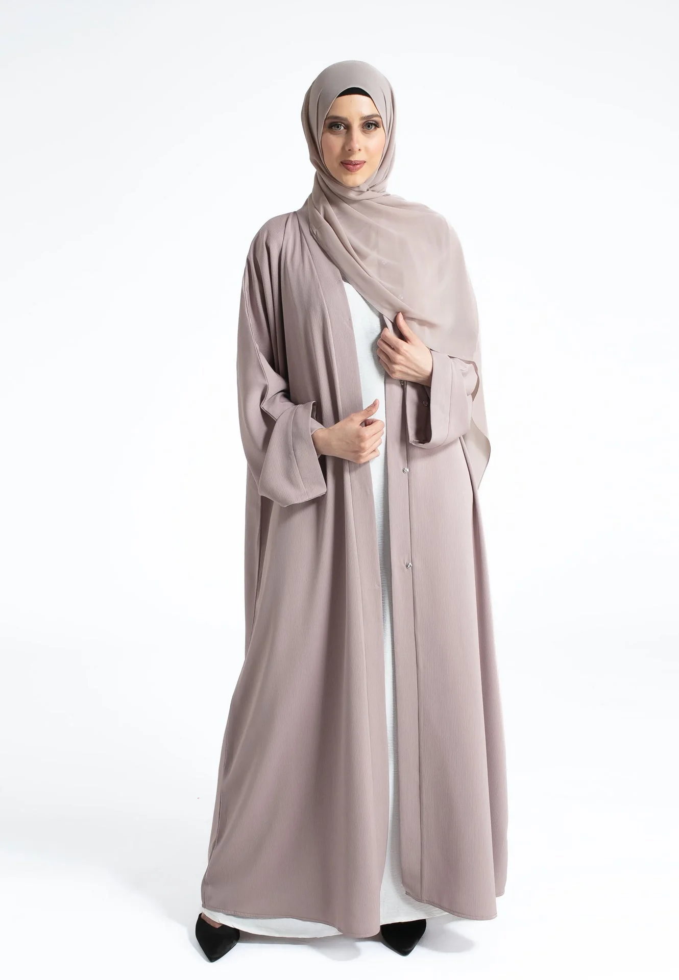 Plain Textured Open Abaya - Pastel Mink - Hayah Al-Muslimah
