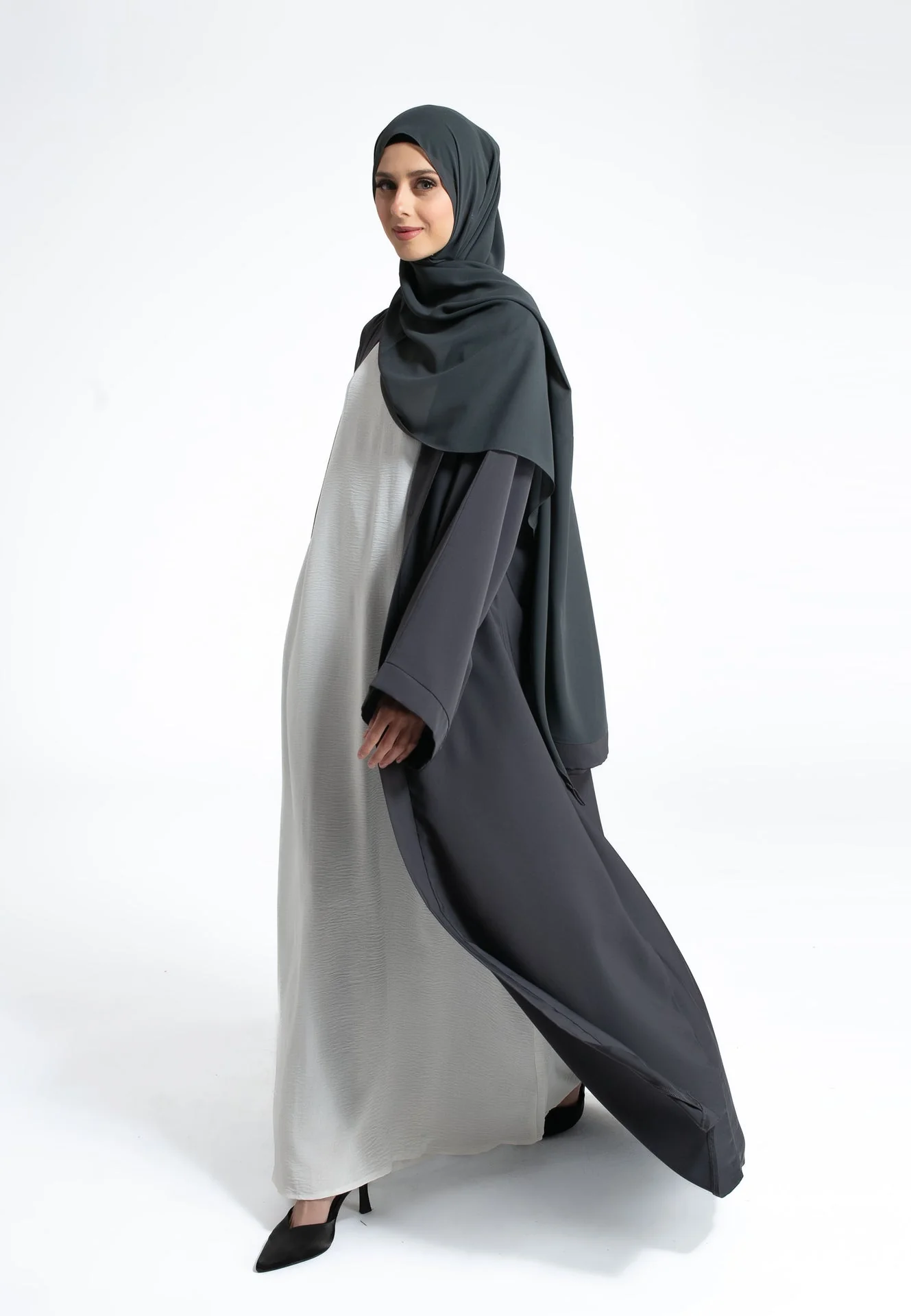 Plain Open Abaya With Wide Sleeves - Charcoal Grey - Hayah Al-Muslimah