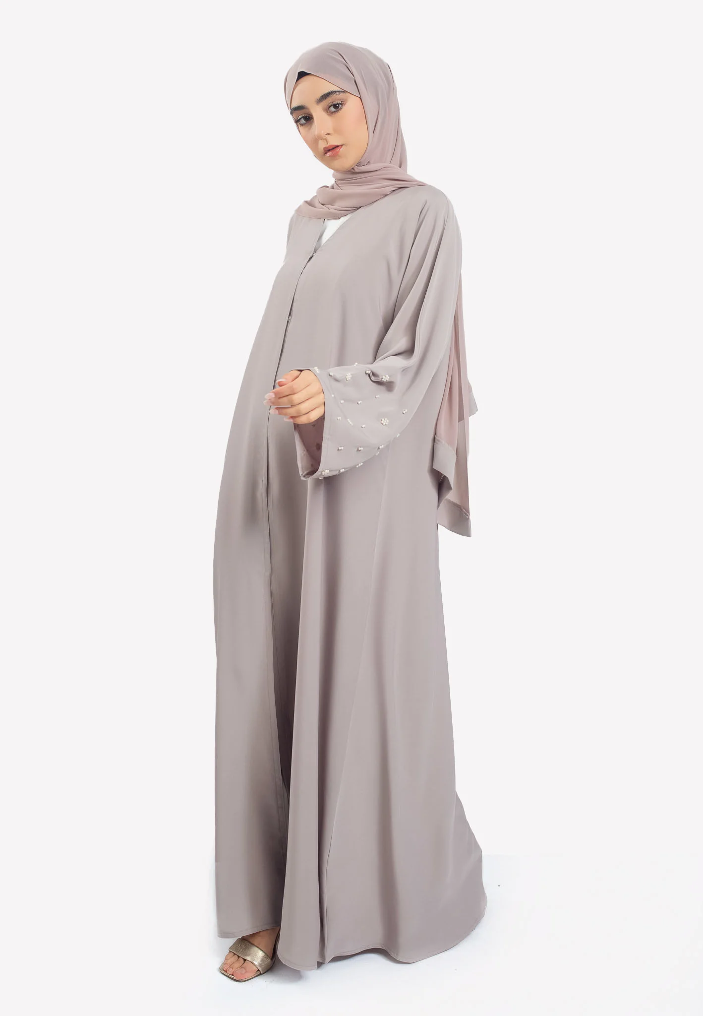 Premium Earth Grey Premium Nida Abaya with Minimal Pearl Cuffs - Hayah Al-Muslimah