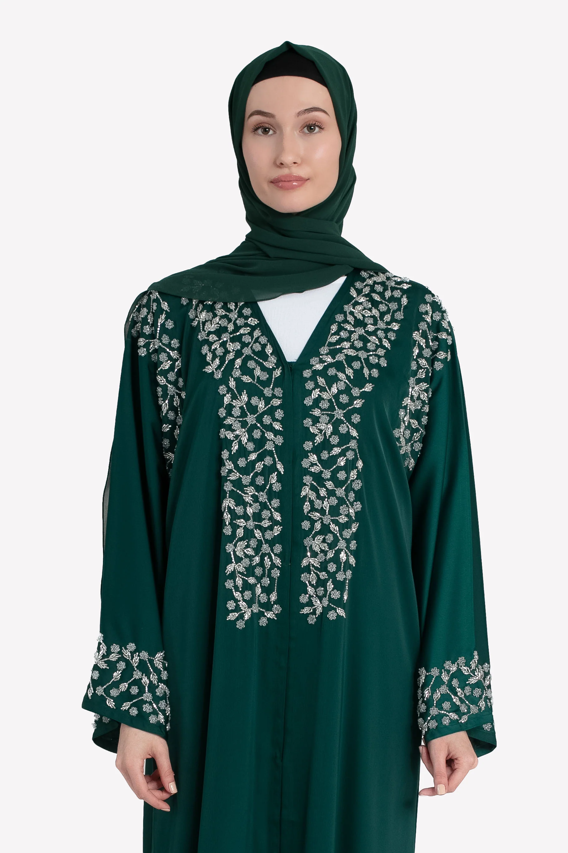 Mystic Emerald Embellished Satin Open Abaya - Hayah Al-Muslimah