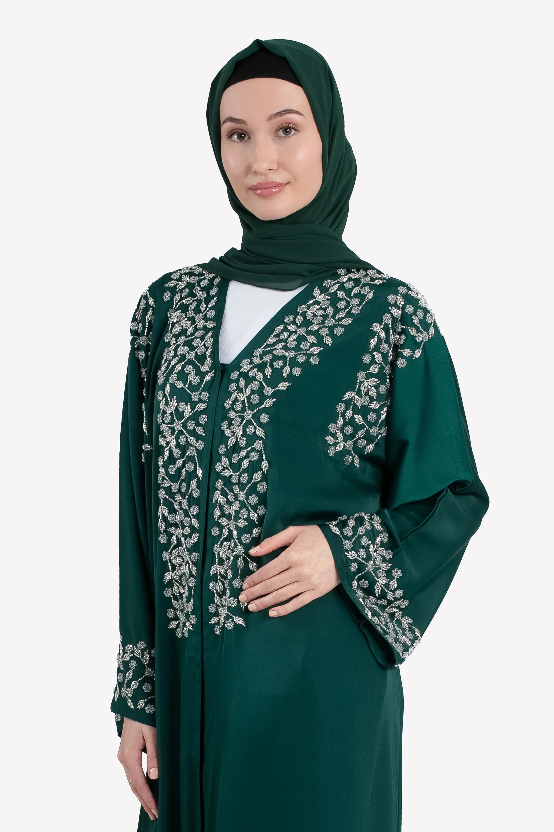 Mystic Emerald Embellished Satin Open Abaya - Hayah Al-Muslimah