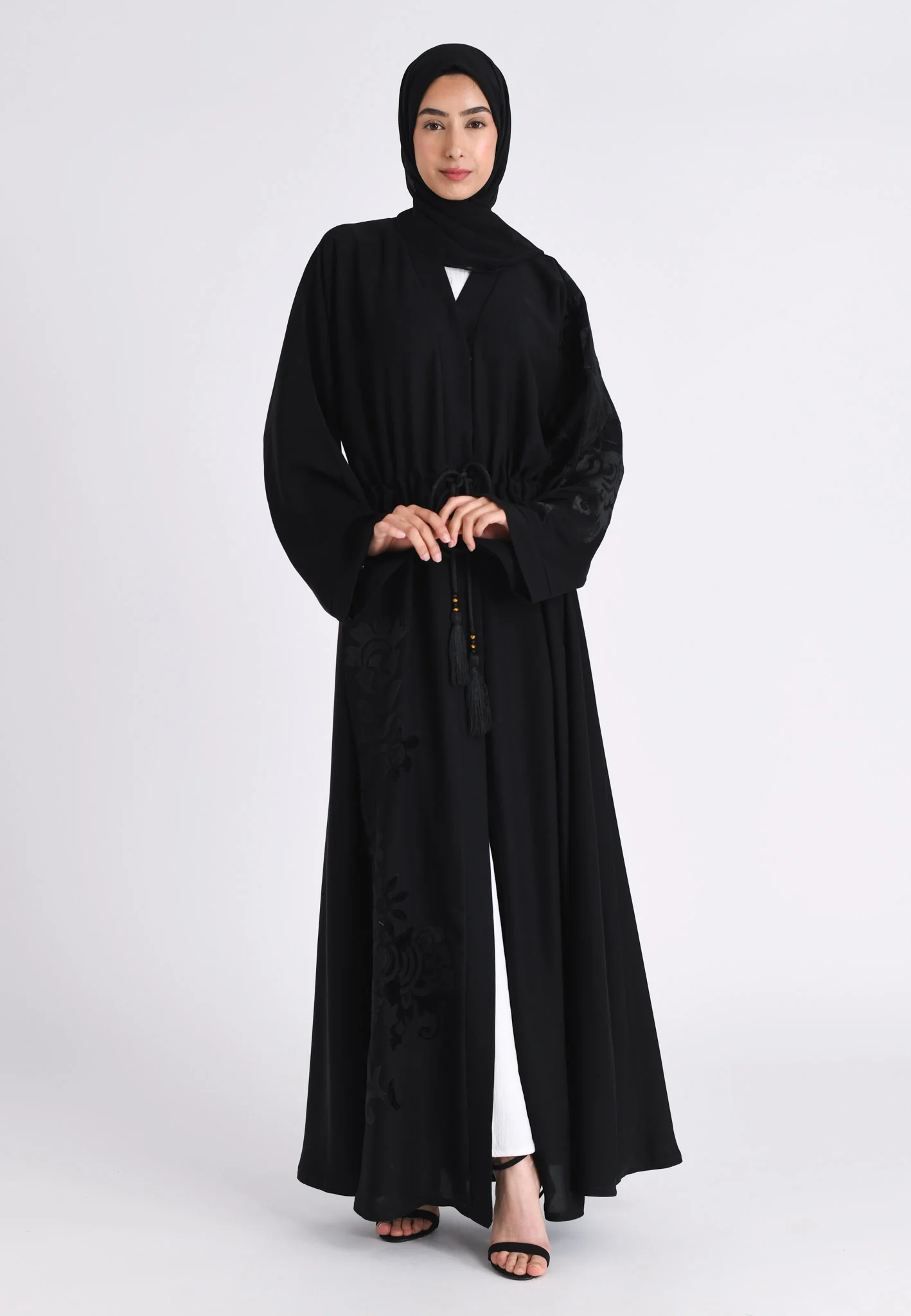 Black Intricate Velvet Motif Umbrella Cut Abaya (Premium) - Hayah Al-Muslimah