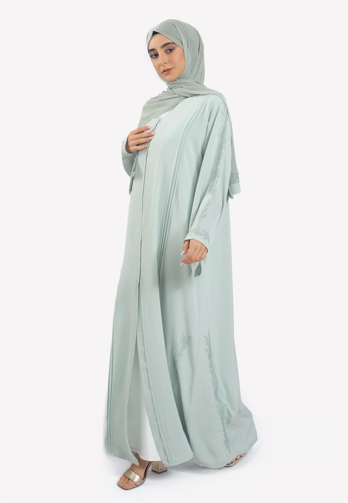 Premium Sage Open Abaya with Vine Embroidery - Hayah Al-Muslimah