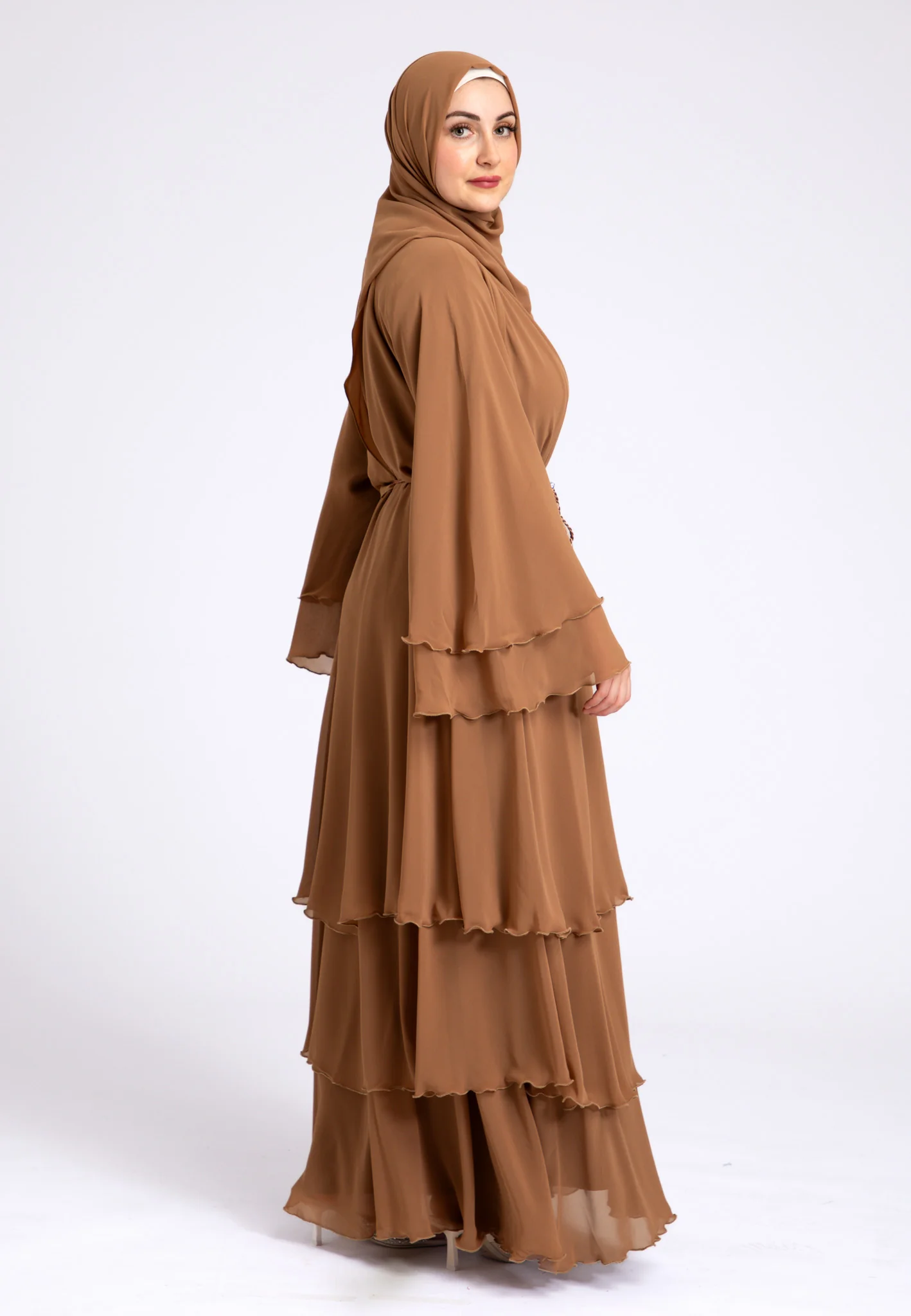 Luxury Tan 3 Layered Open Abaya with Inner Dress - Hayah Al-Muslimah