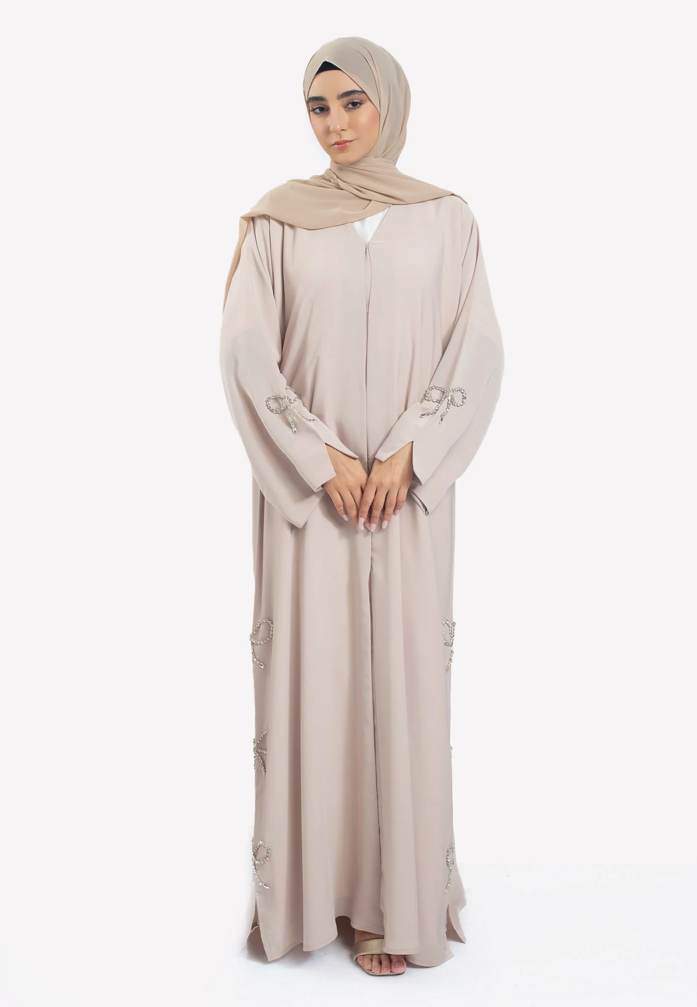 Premium Beige Open Abaya with Bow Embellishments - Hayah Al-Muslimah