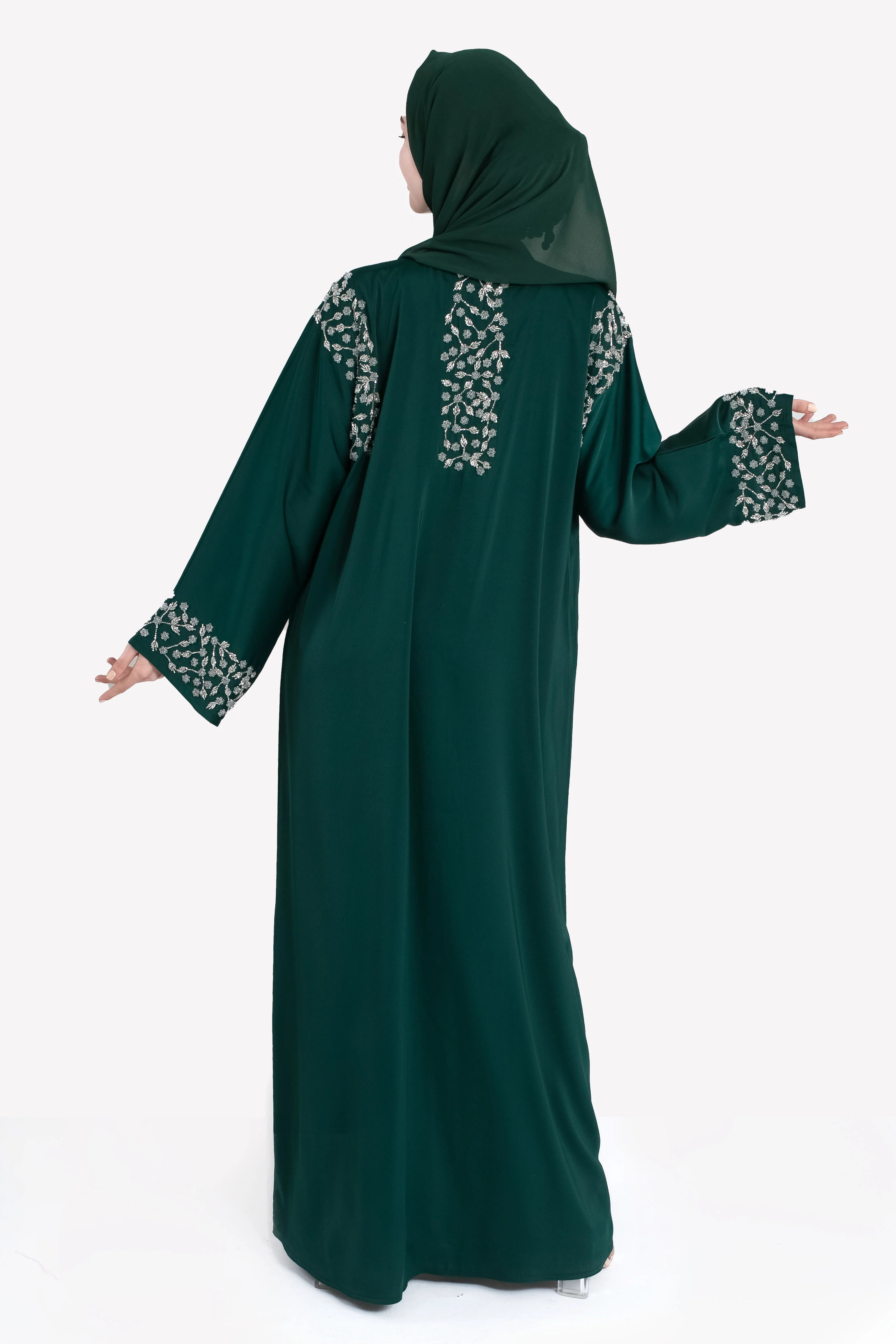 Mystic Emerald Embellished Satin Open Abaya - Hayah Al-Muslimah