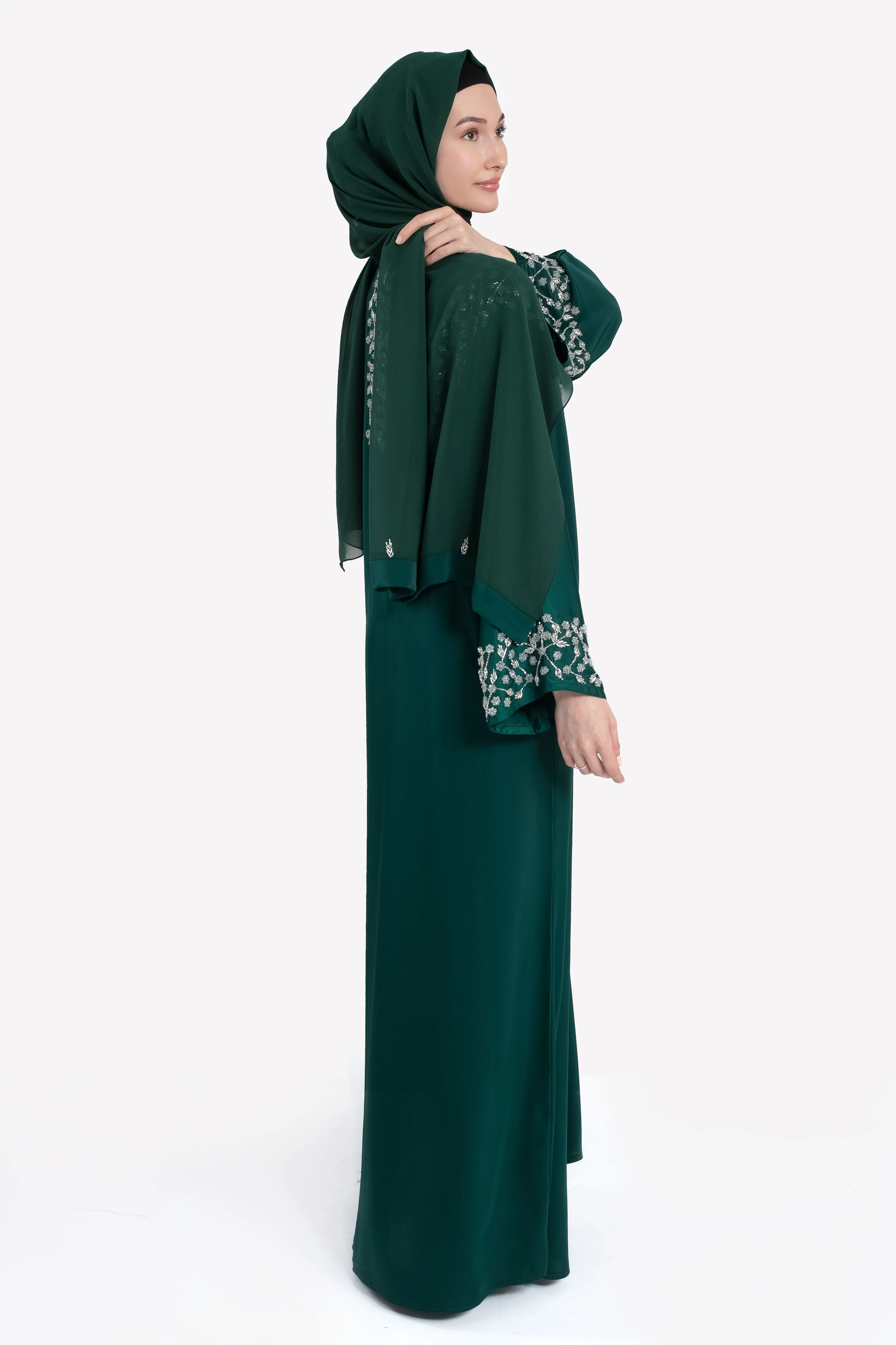 Mystic Emerald Embellished Satin Open Abaya - Hayah Al-Muslimah
