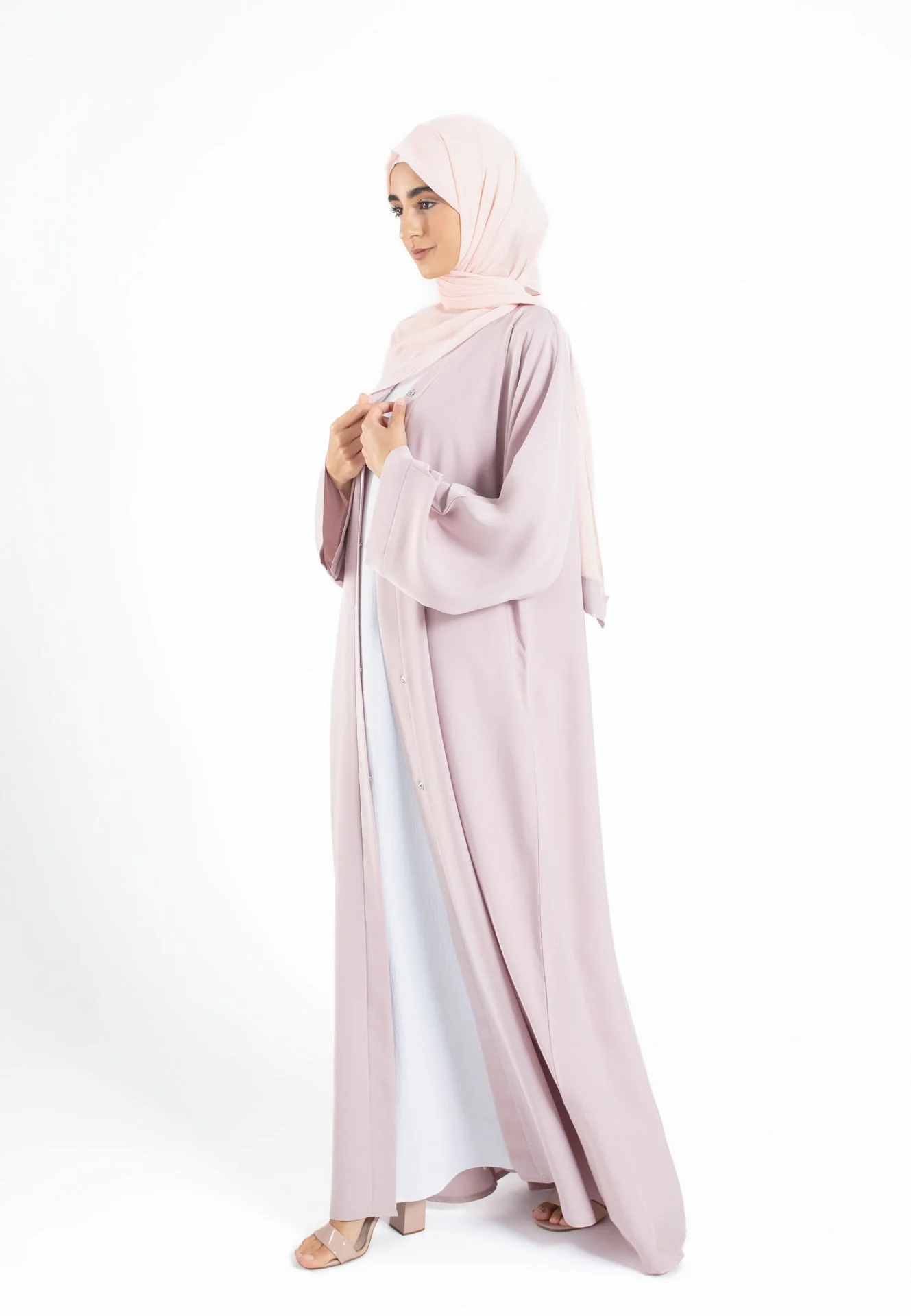 Plain Open Abaya With Wide Sleeves - Baby Pink - Hayah Al-Muslimah