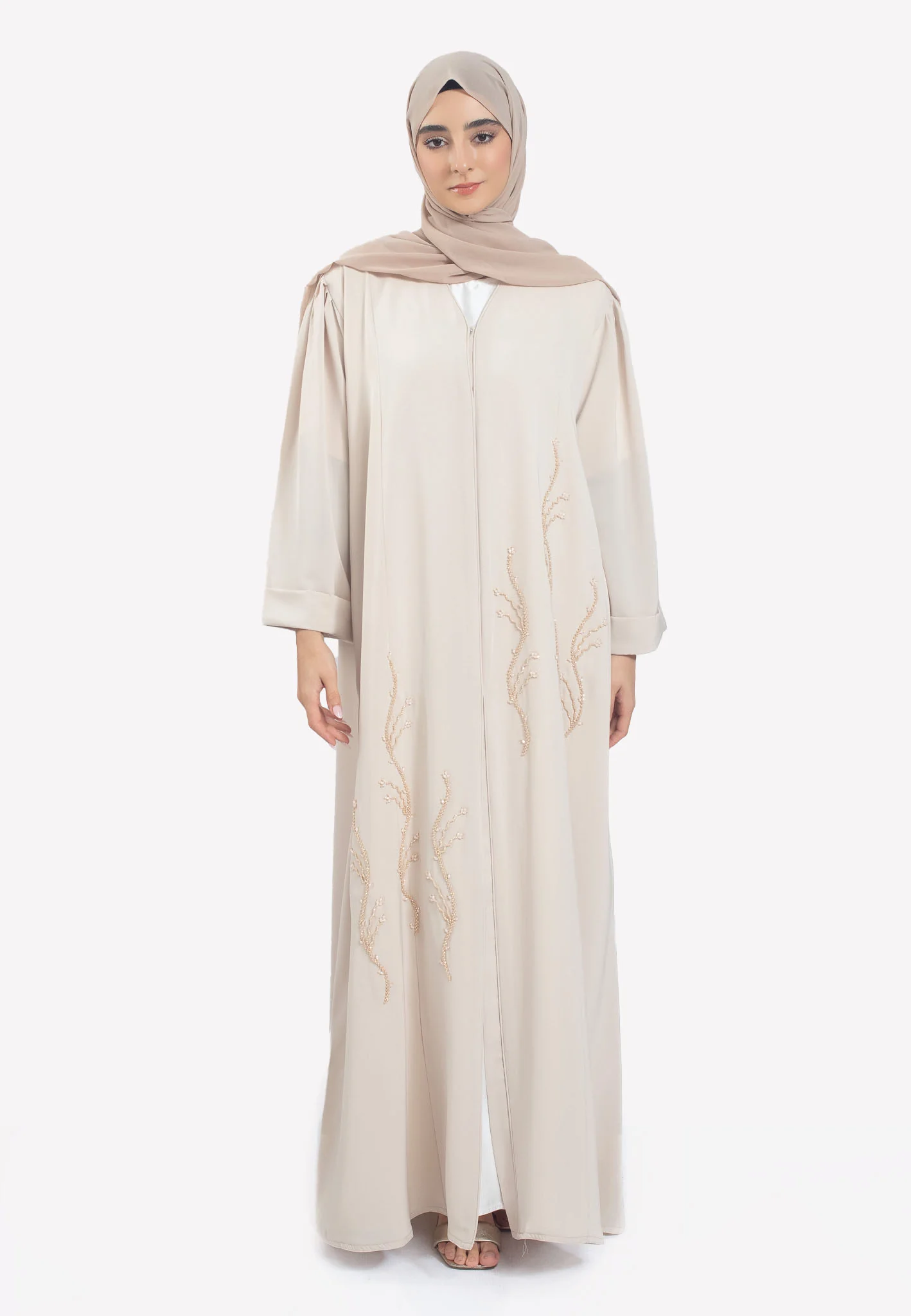 Luxury Beige Emirati Open Abaya with Embellishments - Hayah Al-Muslimah