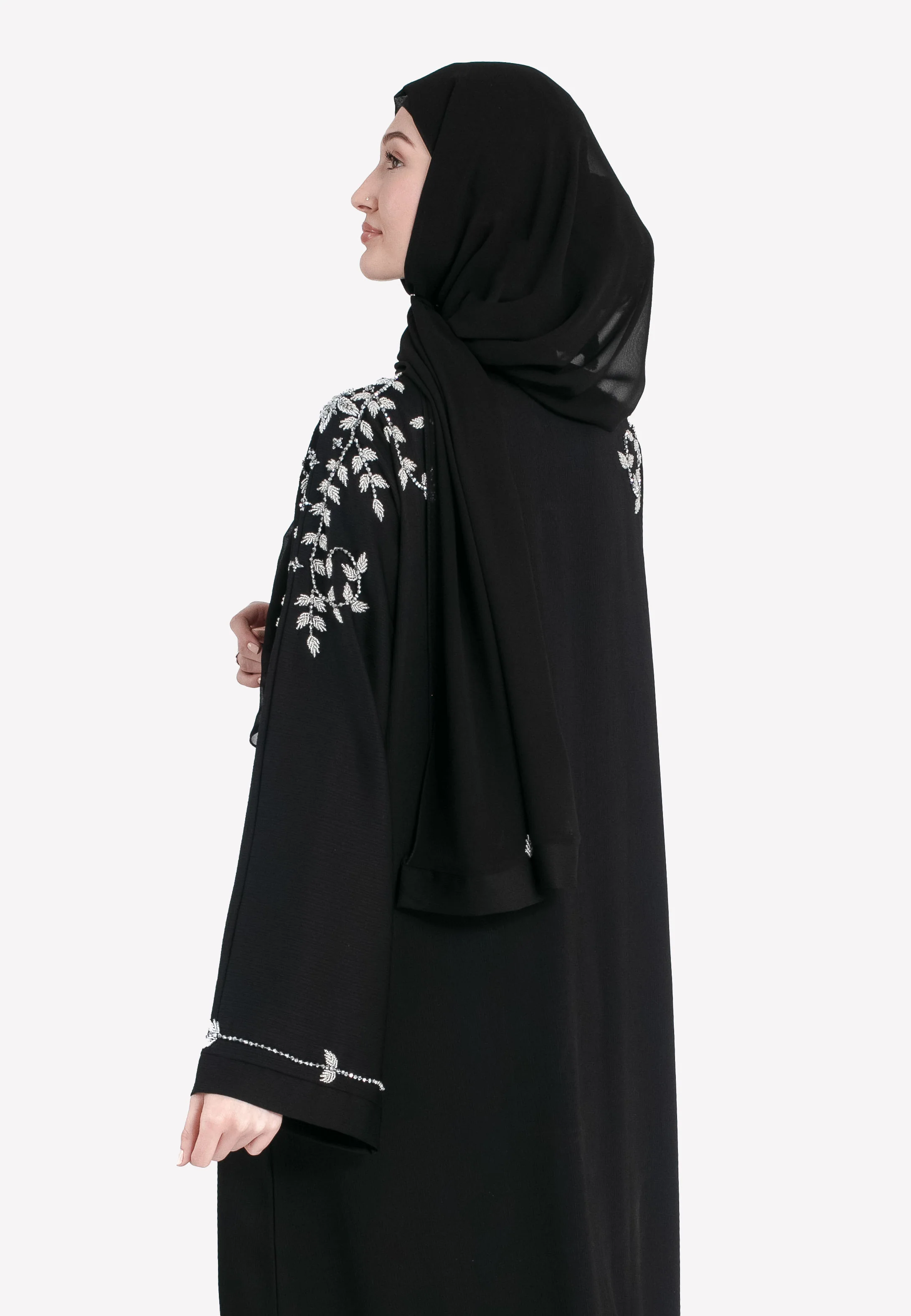 Black Abaya With Silver Embellishments (Premium) - Hayah Al-Muslimah