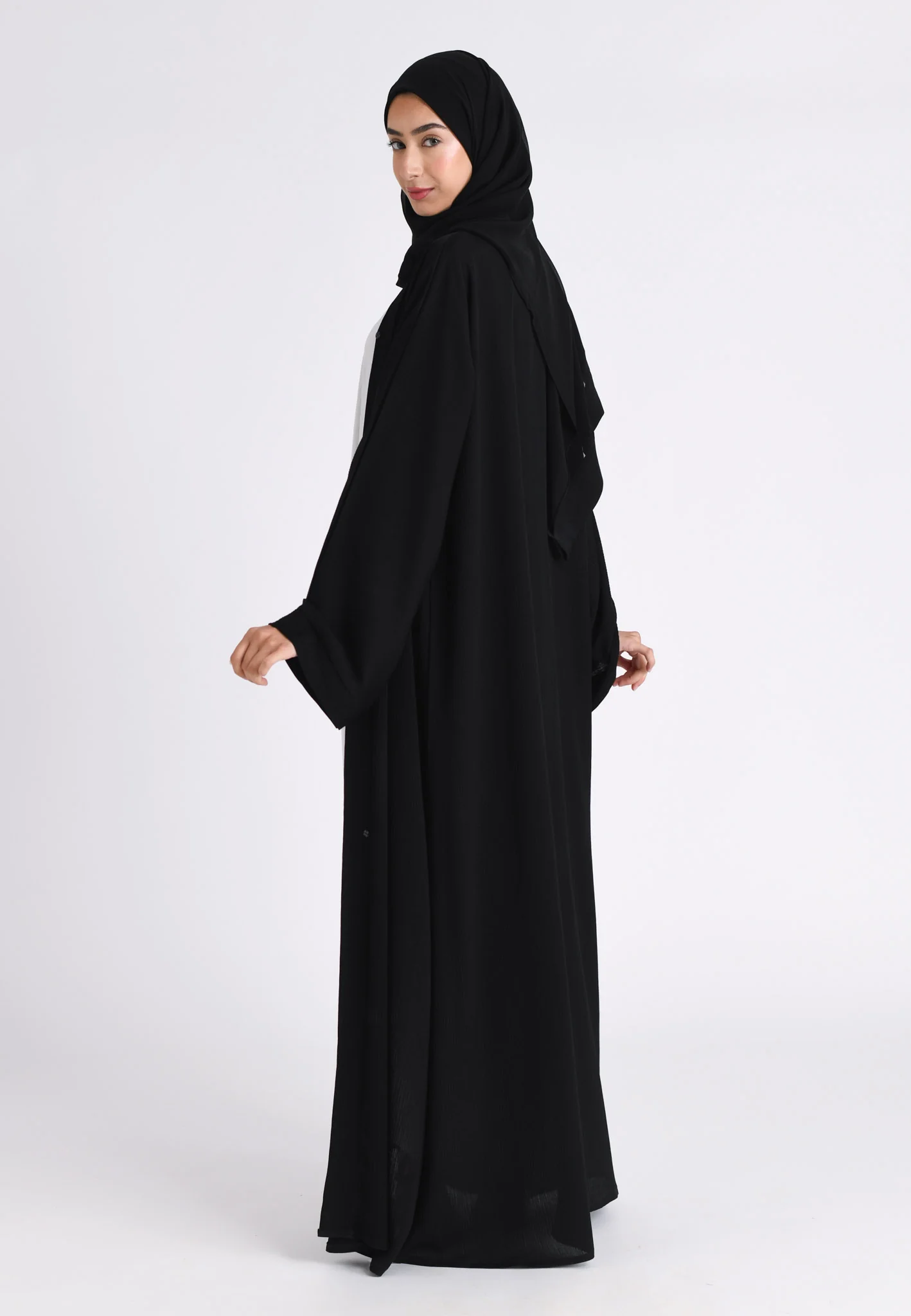 Plain Black Textured Open Abaya (Premium) - Hayah Al-Muslimah