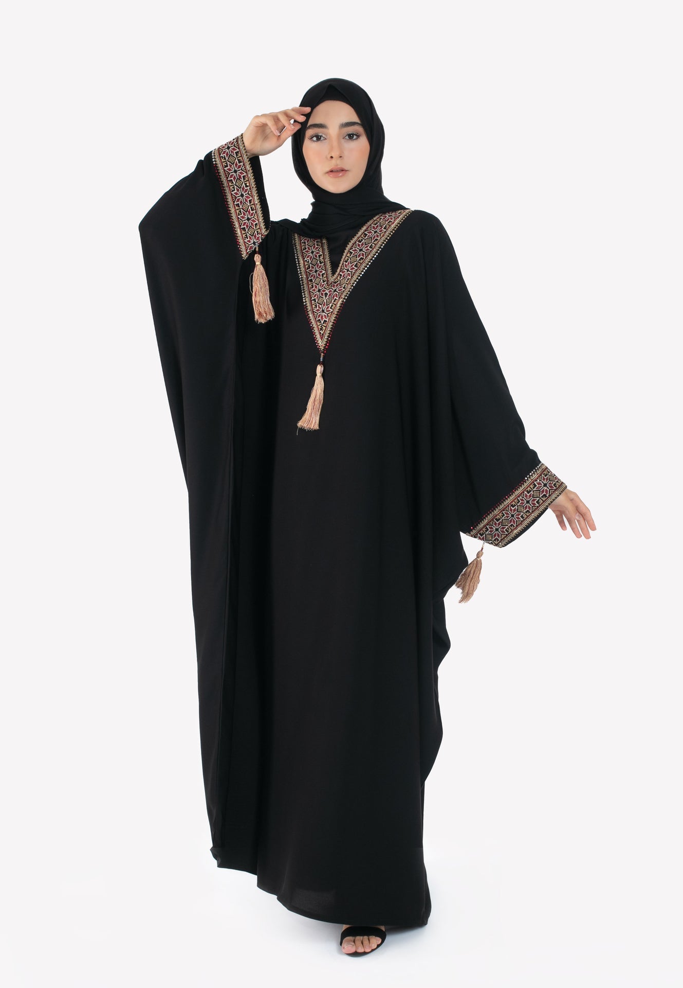 Palestinian Tatreez Batwing Abaya - Burgundy & Gold - Hayah Al-Muslimah