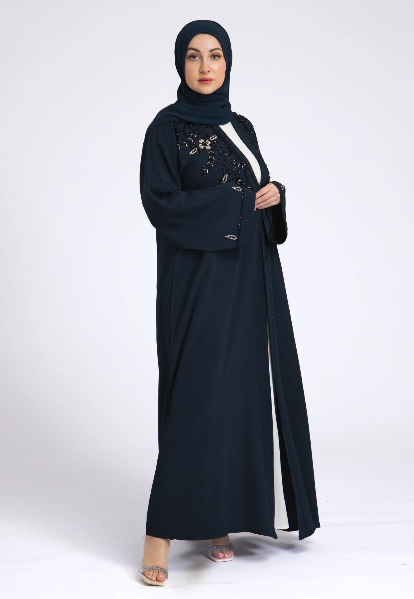 Arabian Night Navy Embellished Open Abaya (Premium) - Hayah Al-Muslimah