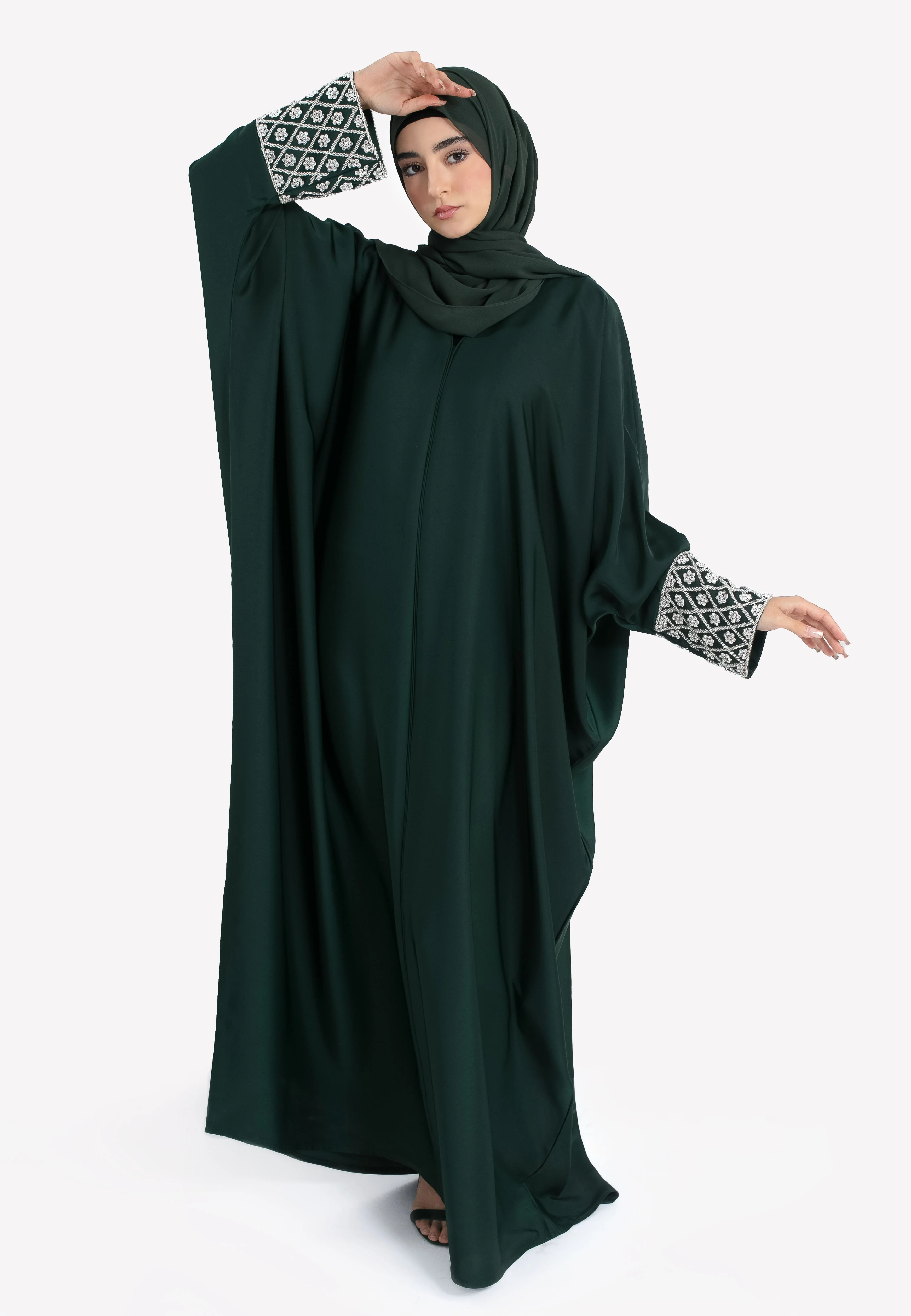 Luxury Forest Closed Farasha with Jewel Embellished Cuffs - Hayah Al-Muslimah