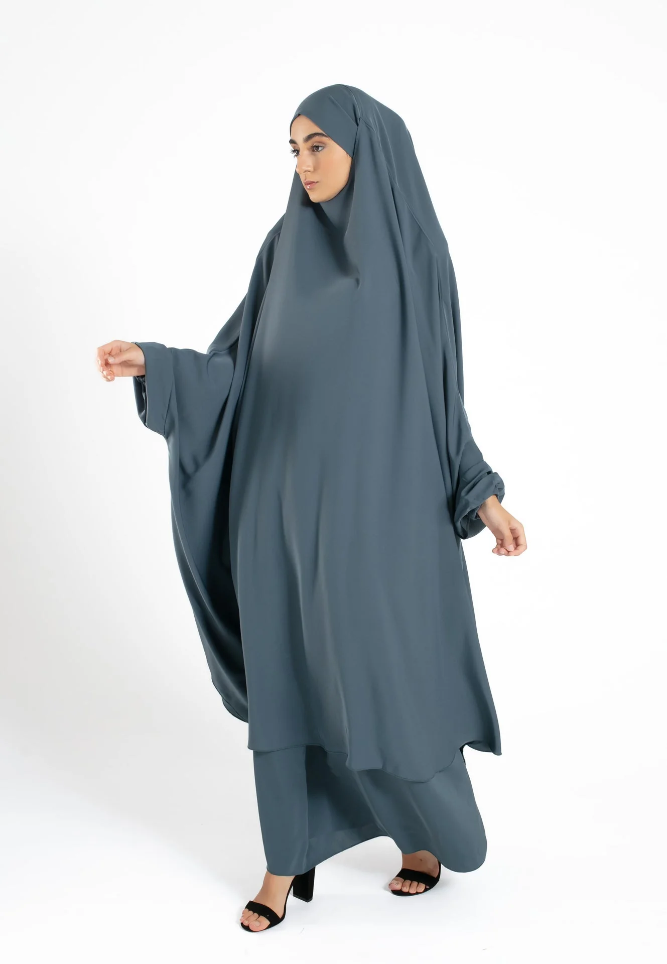Two-Piece Jilbab / Prayer Set Dress With Elasticated Sleeves - Slate Grey - Hayah Al-Muslimah