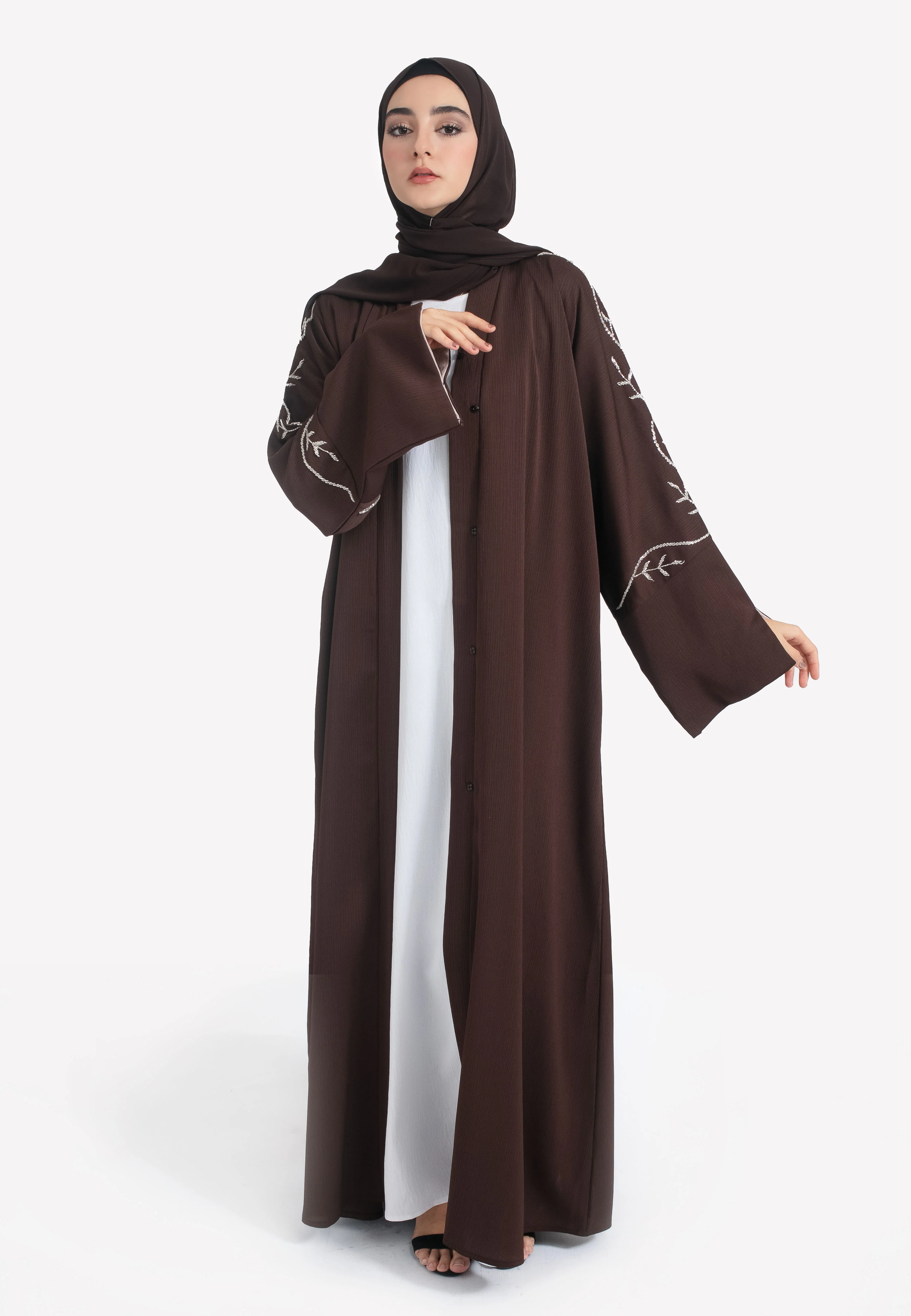 Espresso Embellished Open Abaya - Hayah Al-Muslimah