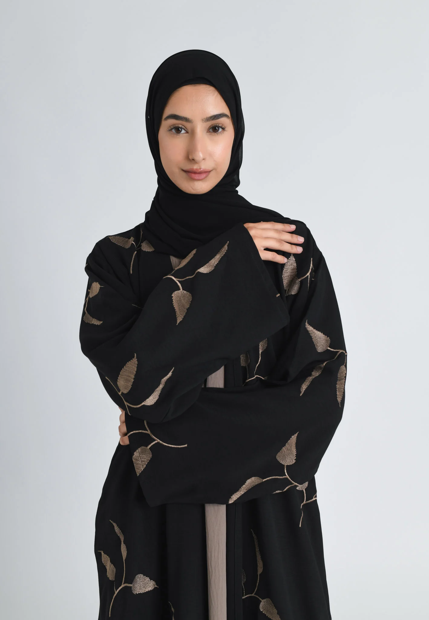 Taupe Leaf Embroidered Kimono Open Abaya Set - Hayah Al-Muslimah