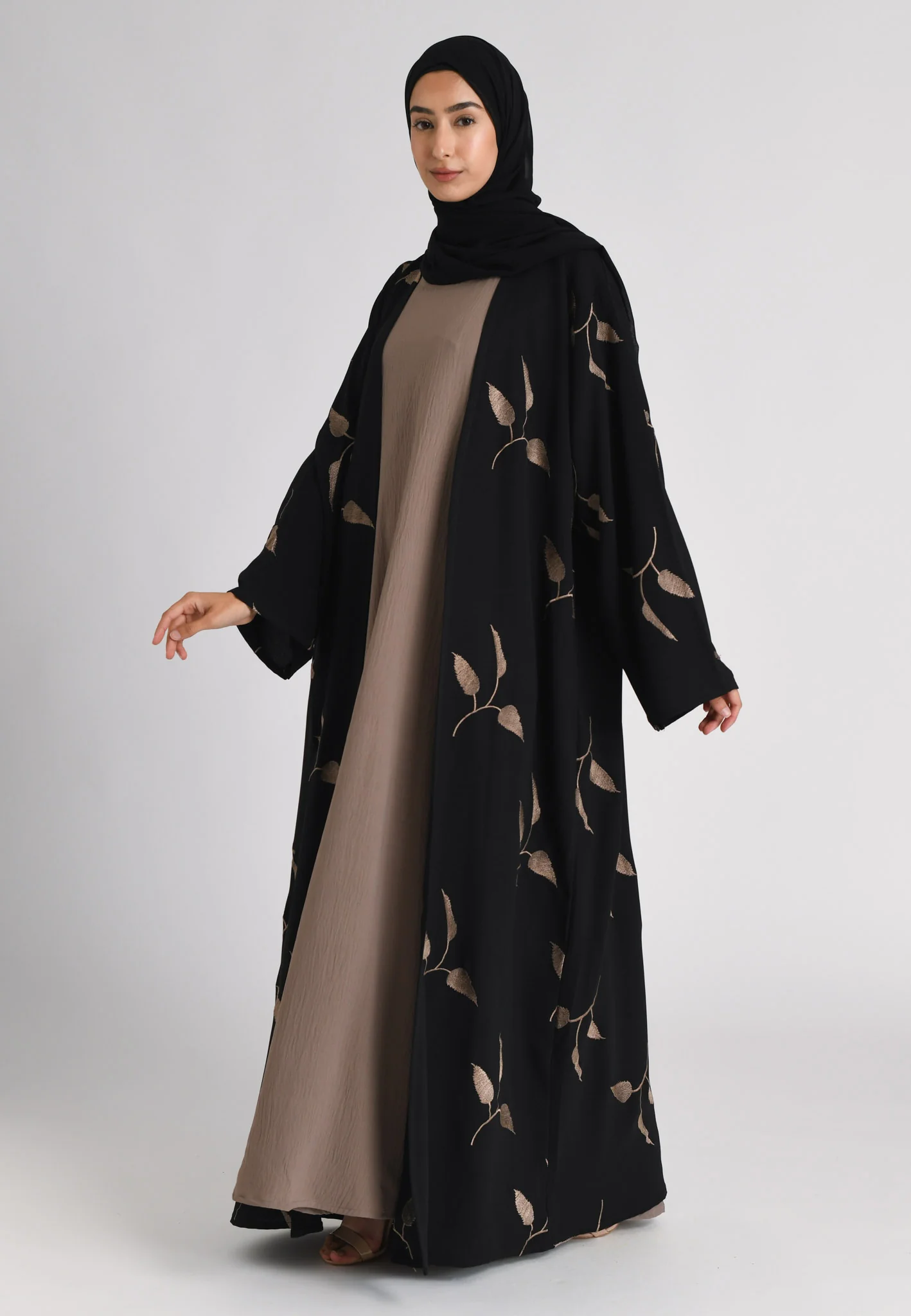 Taupe Leaf Embroidered Kimono Open Abaya Set - Hayah Al-Muslimah