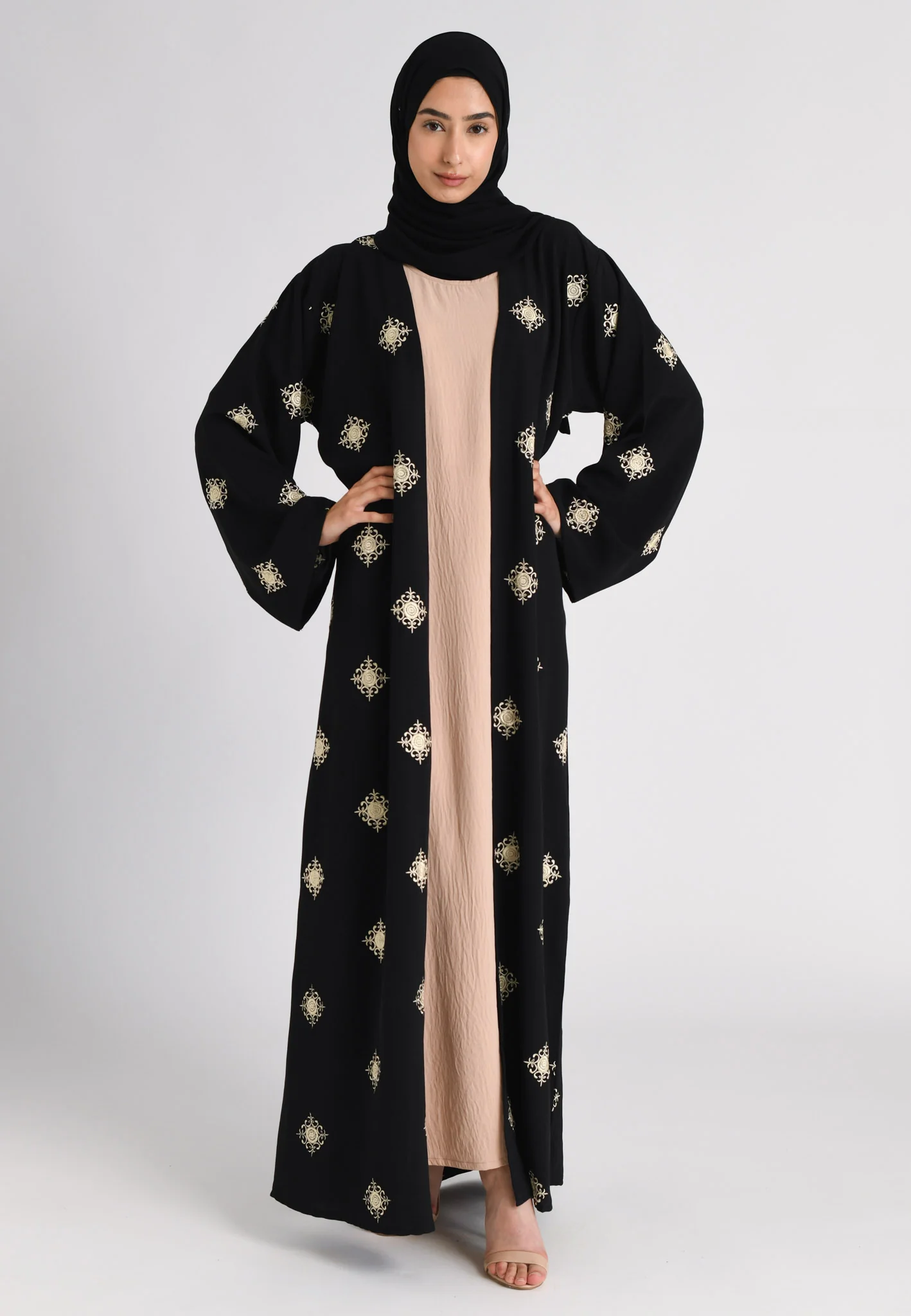 Black and Beige Regal Embroidered Abaya Set - Hayah Al-Muslimah