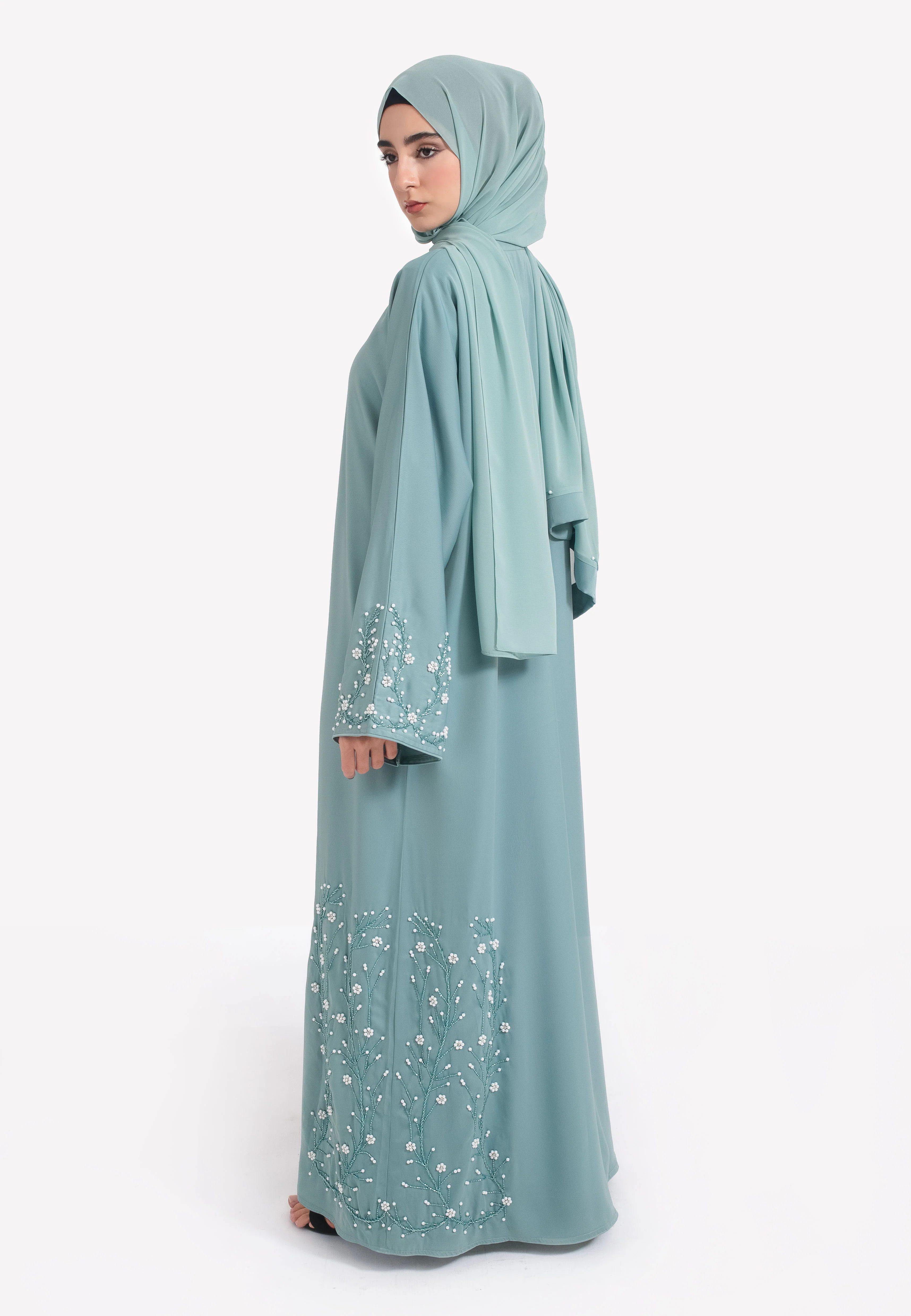 Aqua Satin Embellished Closed Abaya - Hayah Al-Muslimah