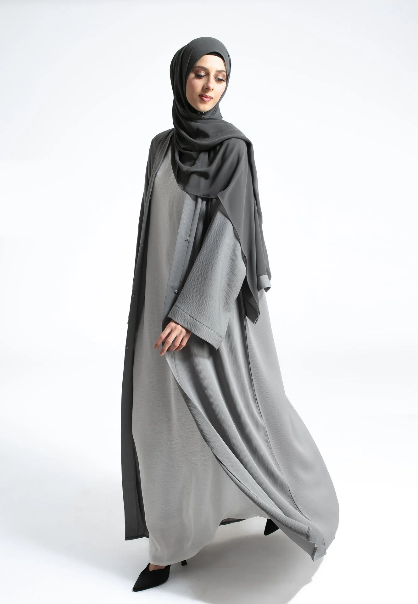 Plain Textured Open Abaya - Pebble Grey - Hayah Al-Muslimah