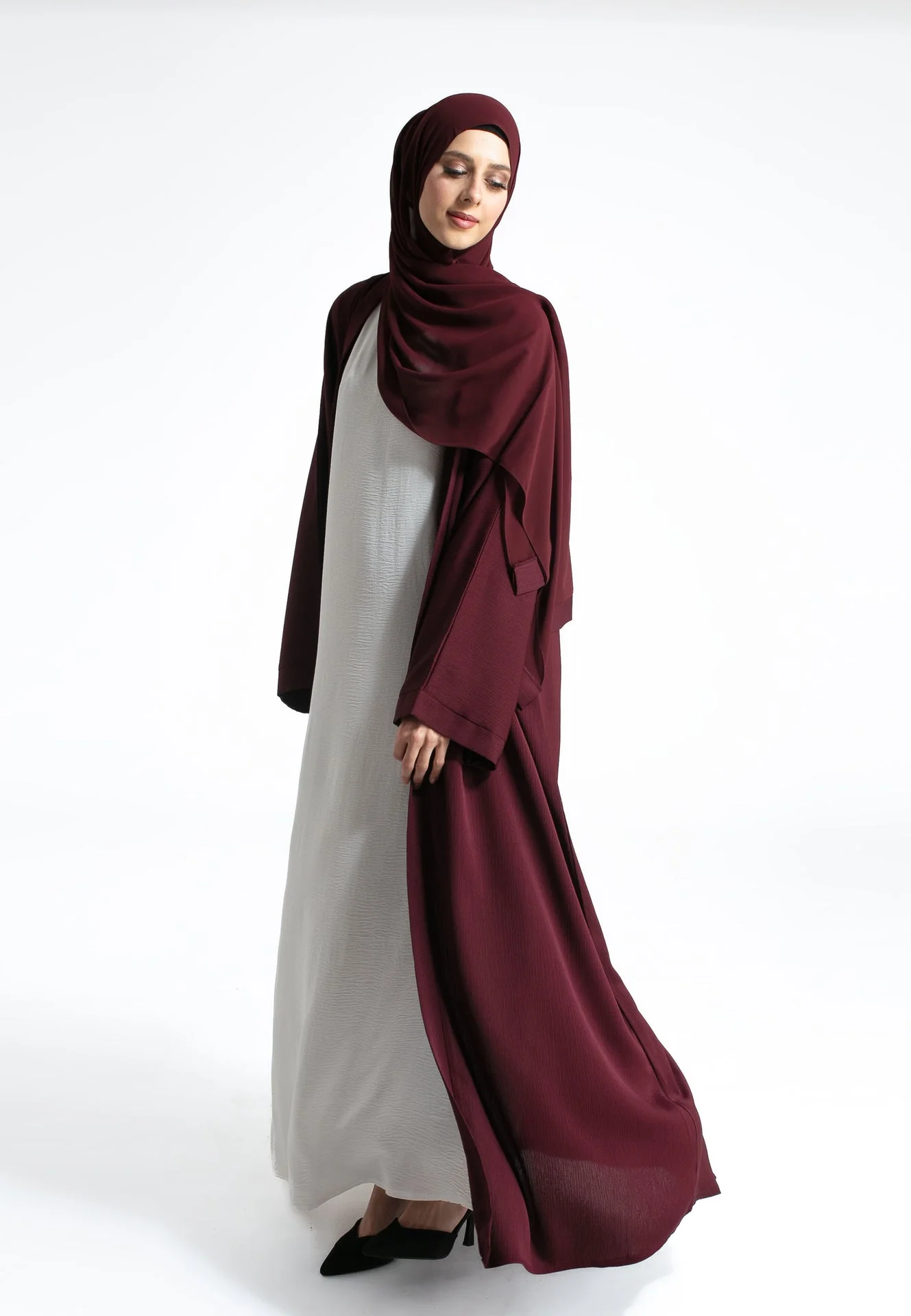Plain Textured Open Abaya - Burgundy - Hayah Al-Muslimah
