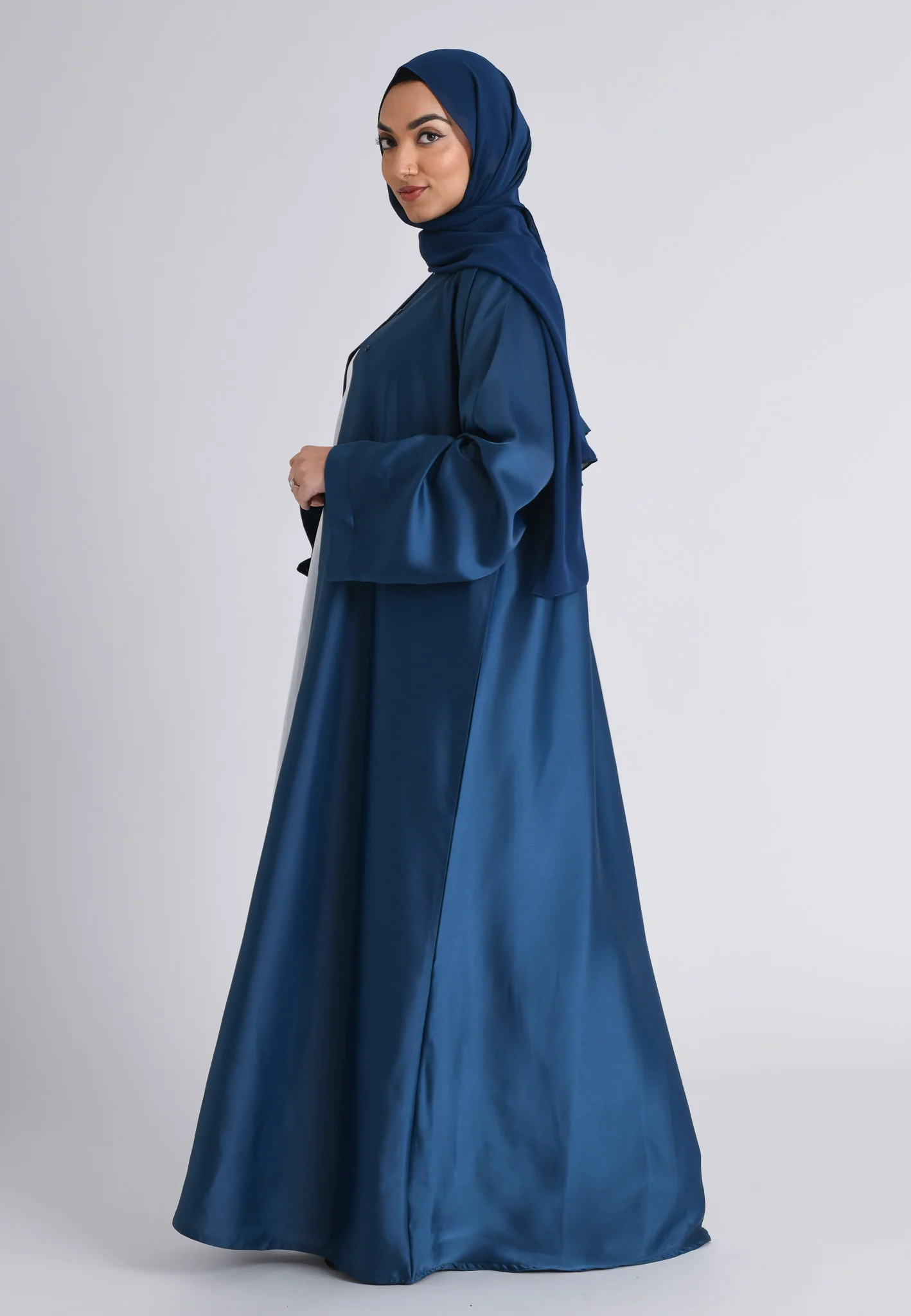 Plain Liquid Satin Open Abaya - Navy - Hayah Al-Muslimah