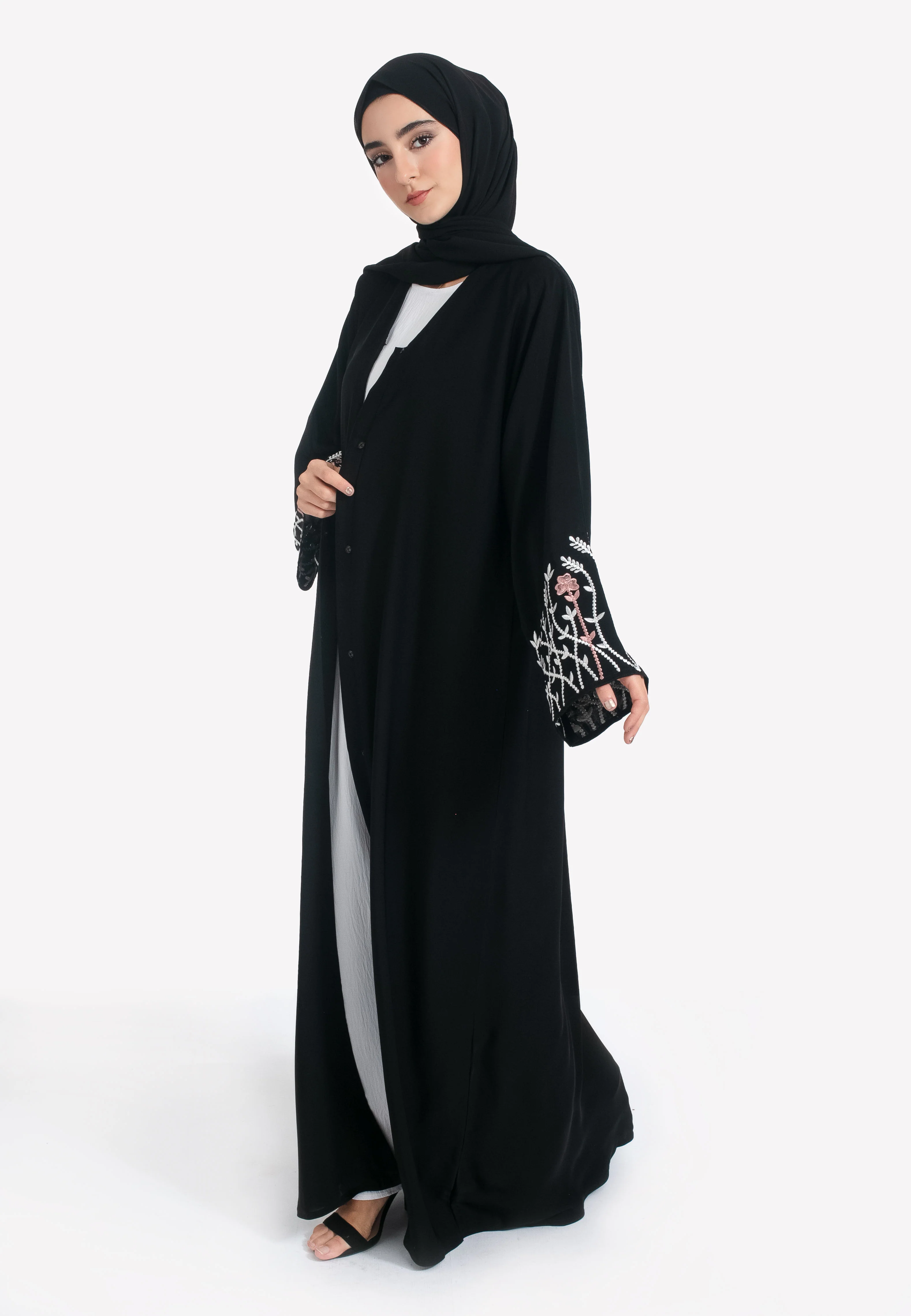 Blossom Embroidered Open Abaya - Black - Hayah Al-Muslimah