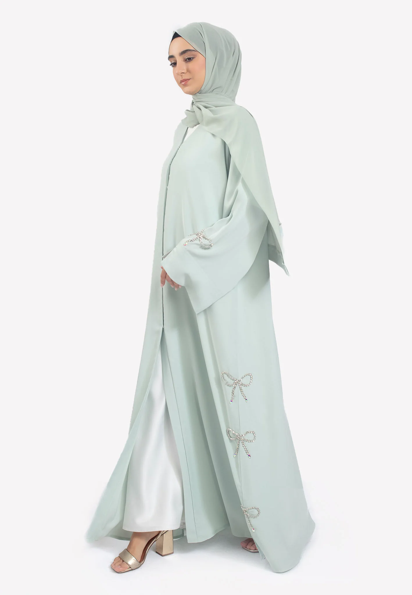 Premium Sage Open Abaya with Bow Embellishments - Hayah Al-Muslimah