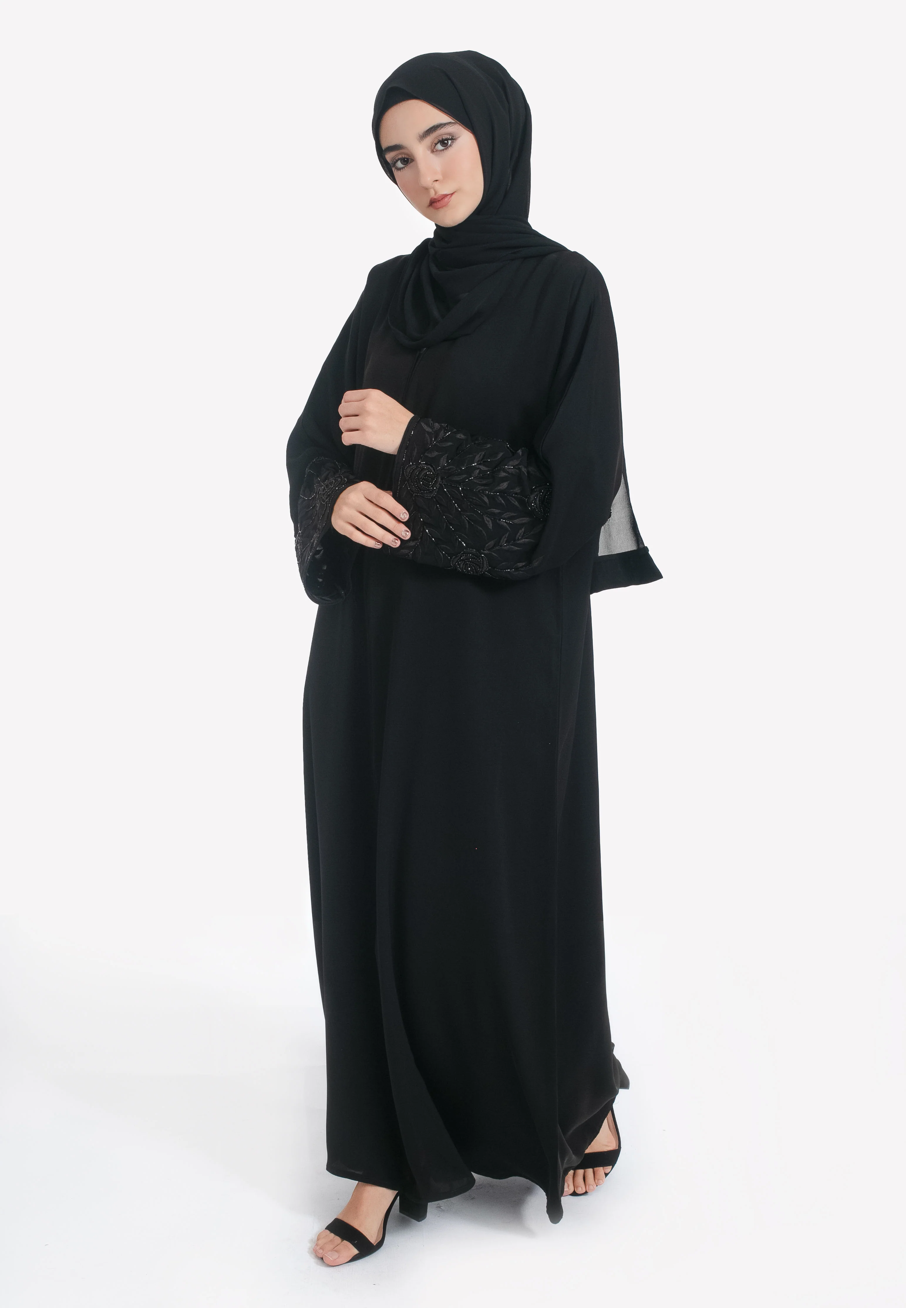 Black on Black Floral Embroidered Closed Abaya - Hayah Al-Muslimah