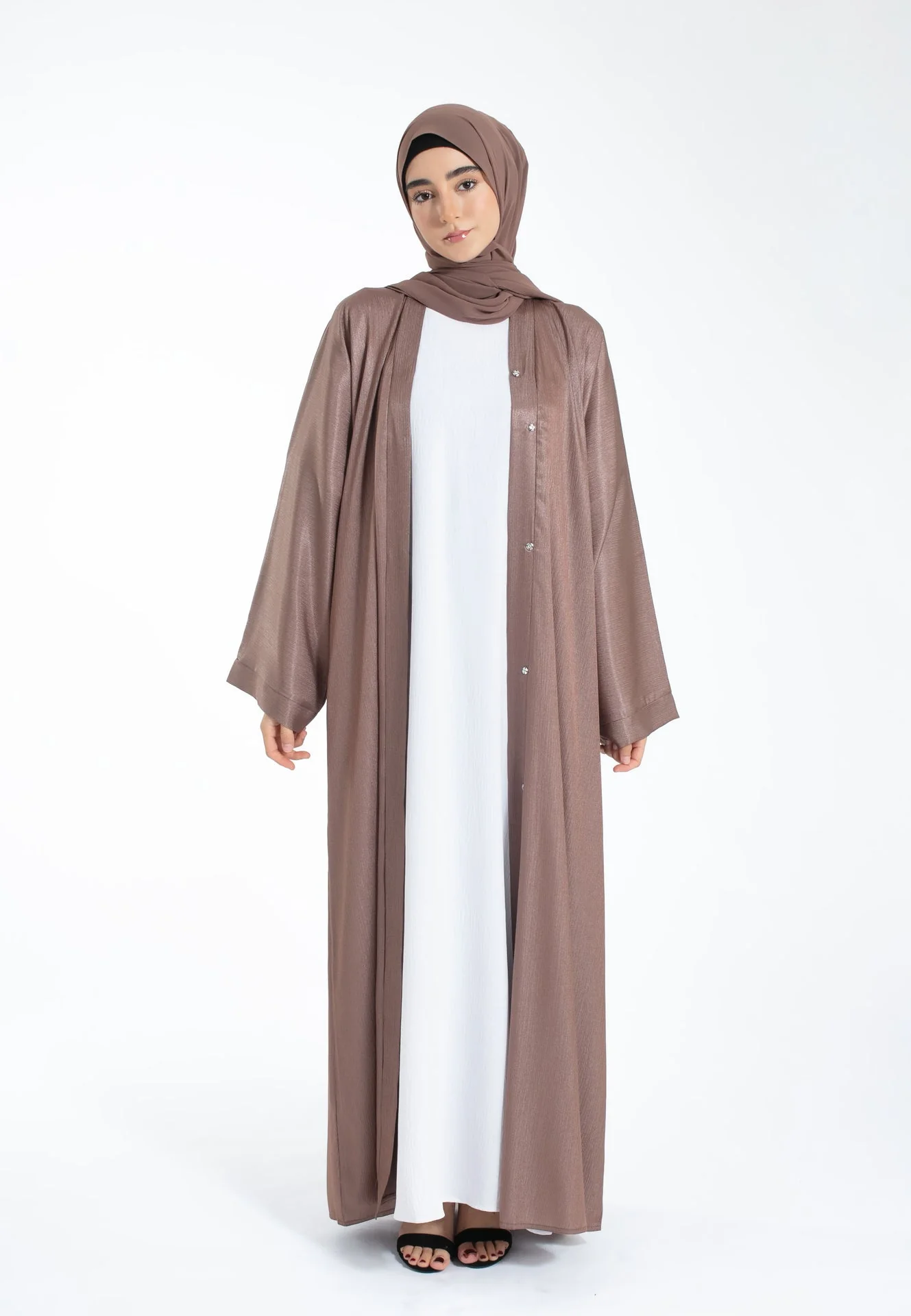 Shimmer Textured Open Abaya - Mocha - Hayah Al-Muslimah