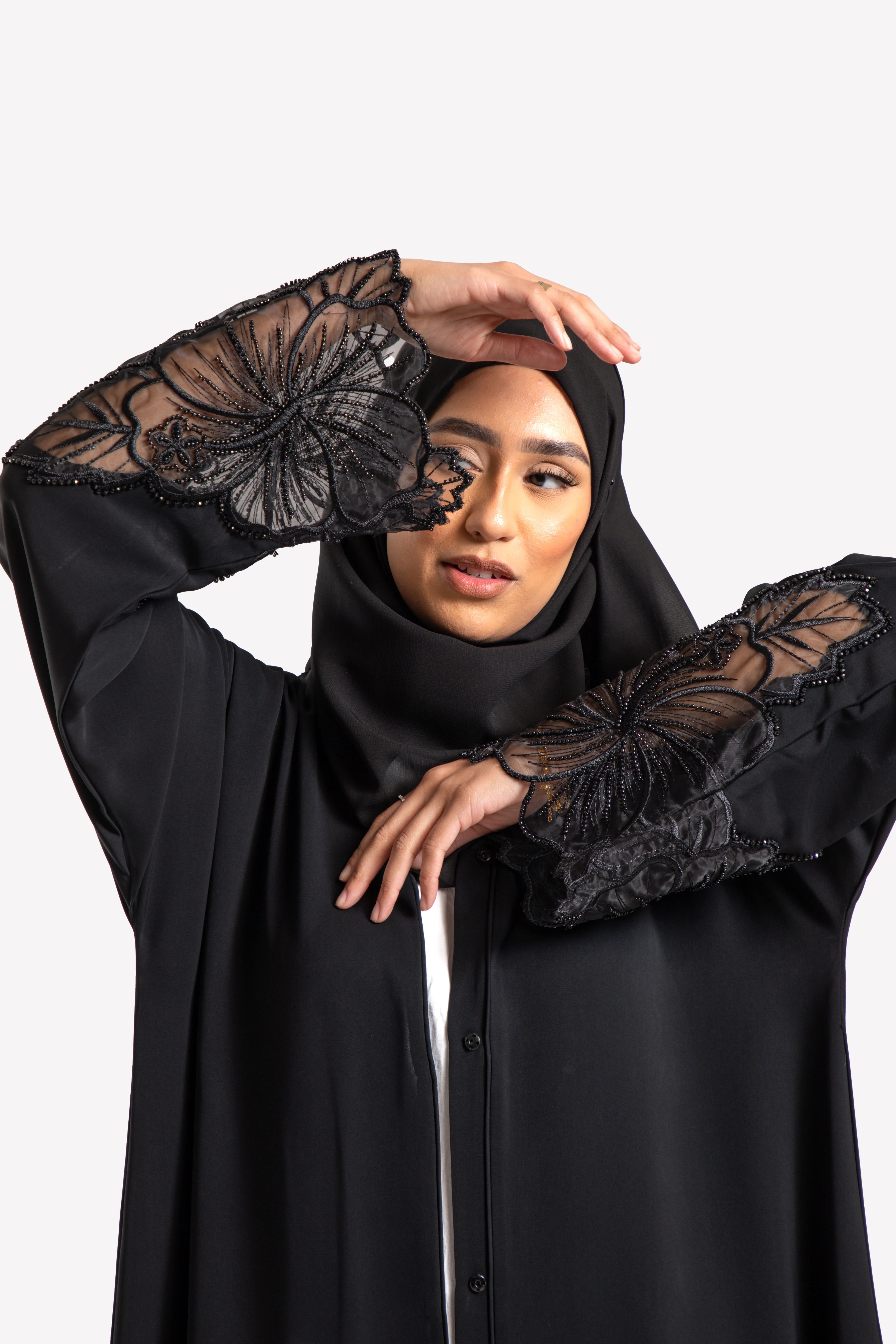 Luxury Black Hibiscus Khaleeji Lace Open Abaya (Premium) - Hayah Al-Muslimah