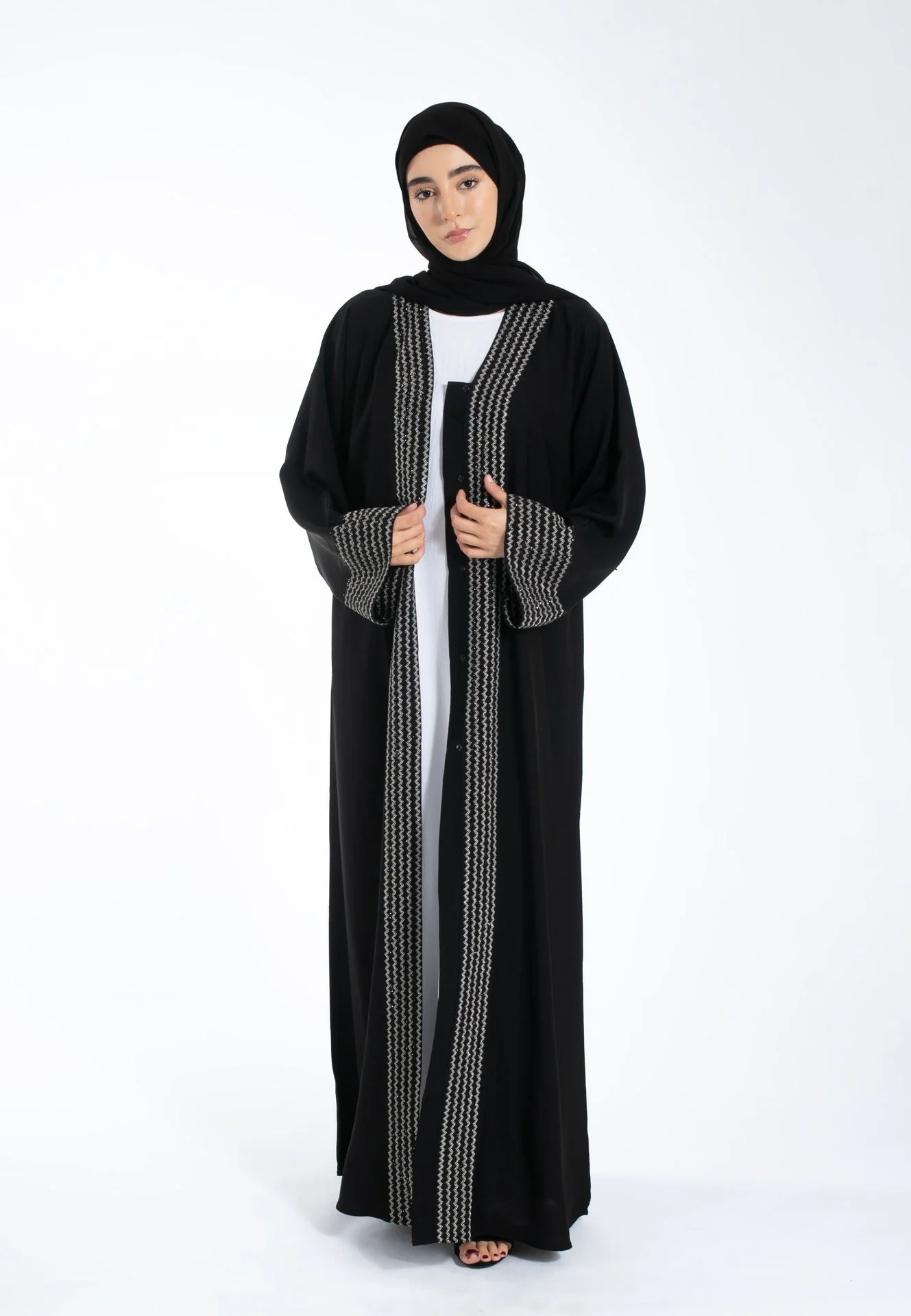 Minimal Zig-Zag Embroidered Open Abaya - Hayah Al-Muslimah