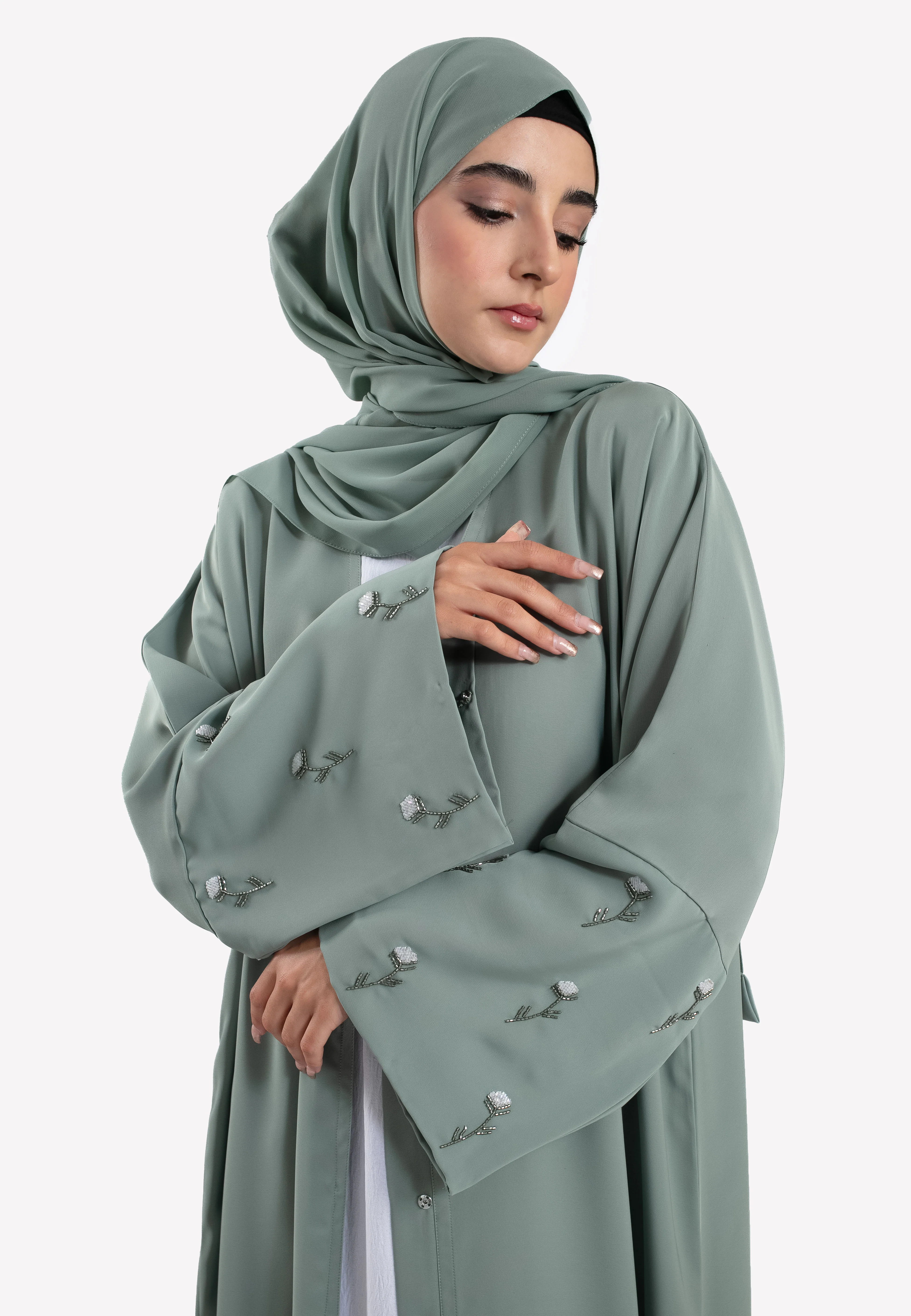 Sage Dainty Rose Embellished Open Abaya - Hayah Al-Muslimah