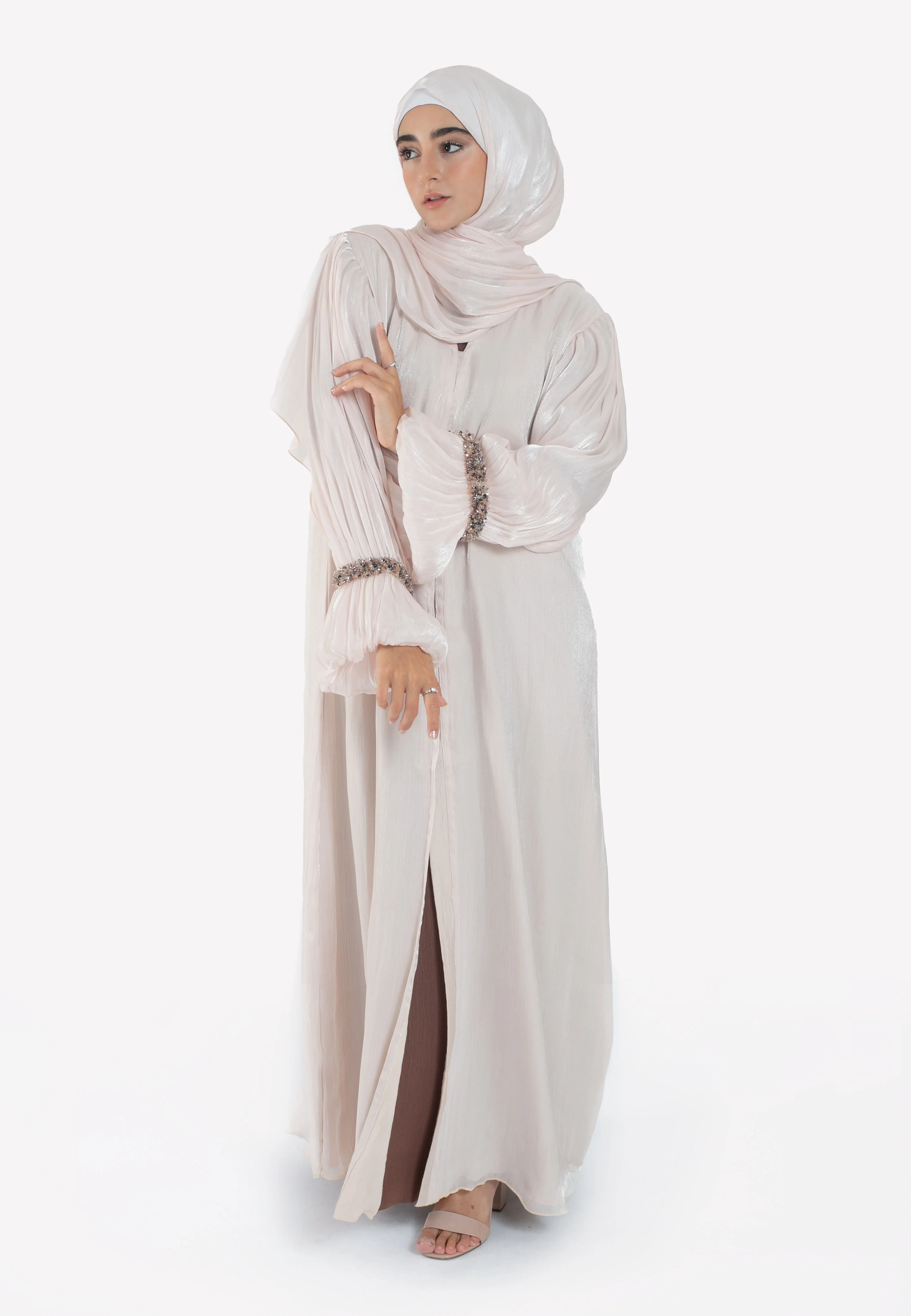 Luxury Beige Open Abaya Embellished Bell Sleeves - Hayah Al-Muslimah