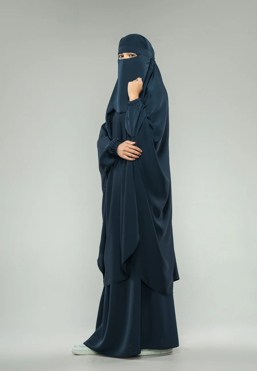 Navy Two-Piece Jilbab With Elasticated Cuff - Prayer / Abaya Dress (Premium) - Hayah Al-Muslimah