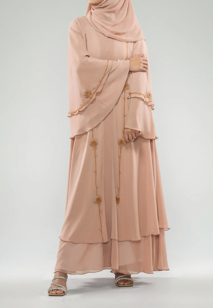 Blushing Peach Embellished Chiffon Layered Abaya - Hayah Al-Muslimah