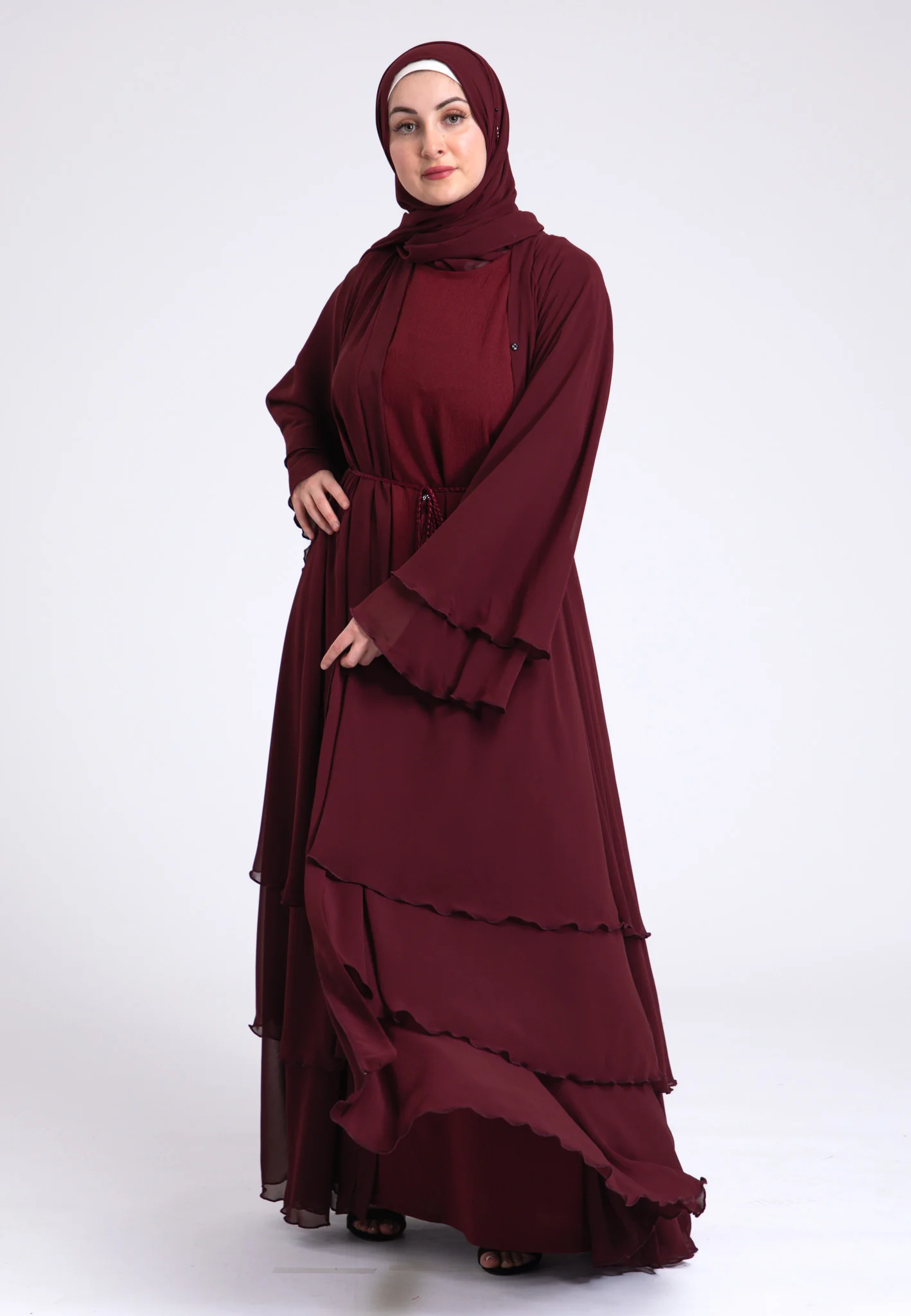 Luxury Burgundy 3 Layered Open Abaya with Inner Dress - Hayah Al-Muslimah