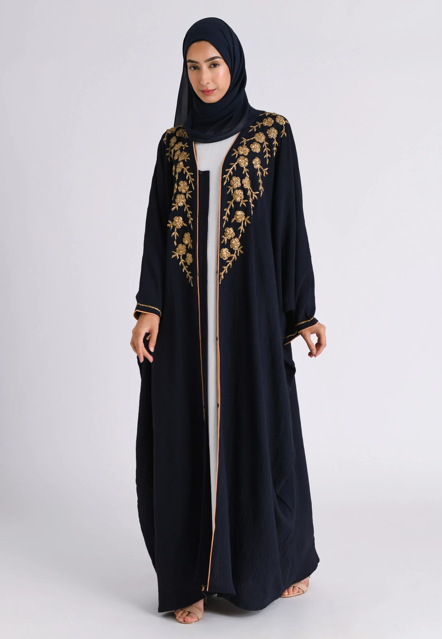Premium Luxury Navy Embellished Open Farasha Abaya - Hayah Al-Muslimah
