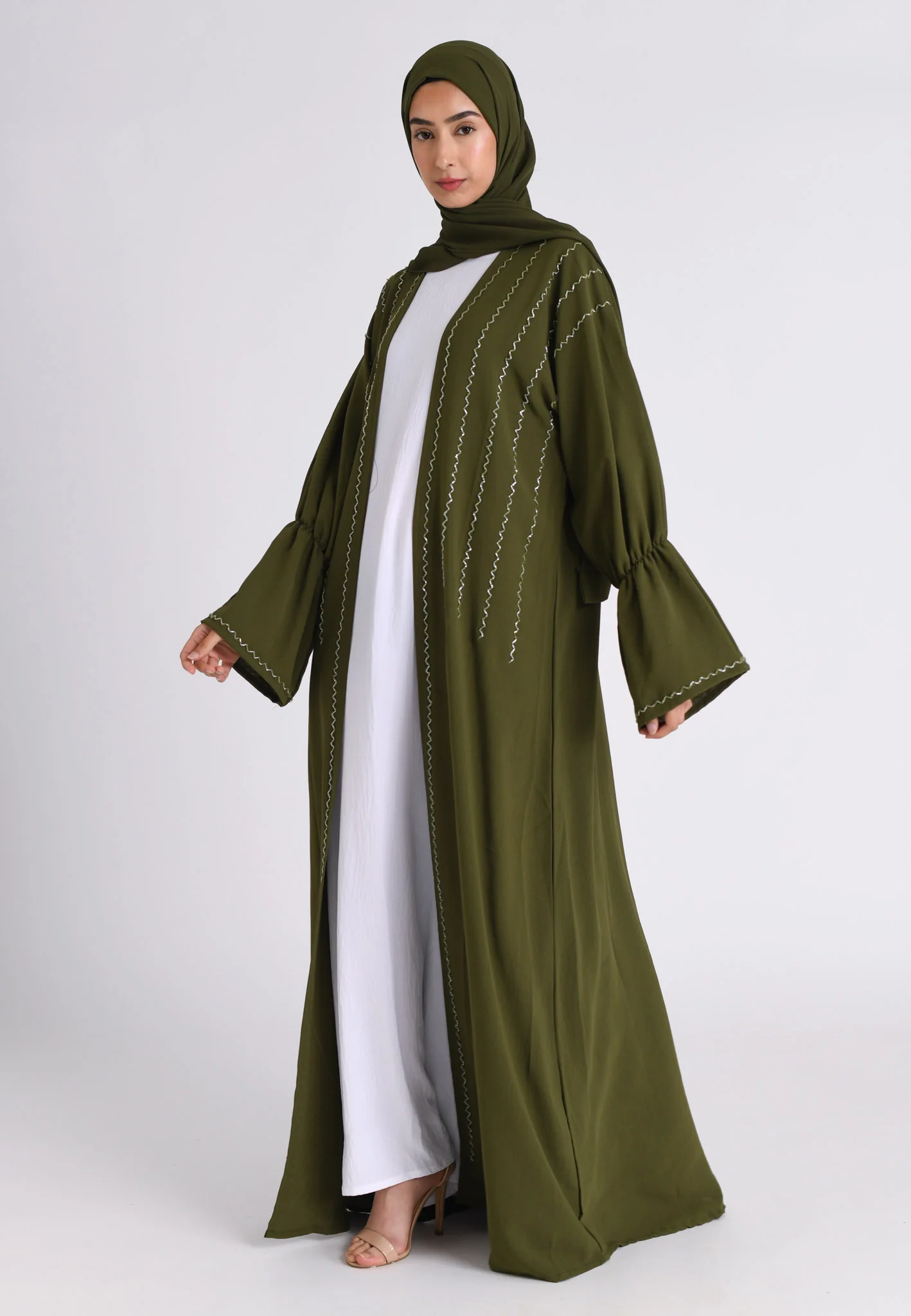 Luxury Khaki Kimono Open Abaya Set (Premium) - Hayah Al-Muslimah