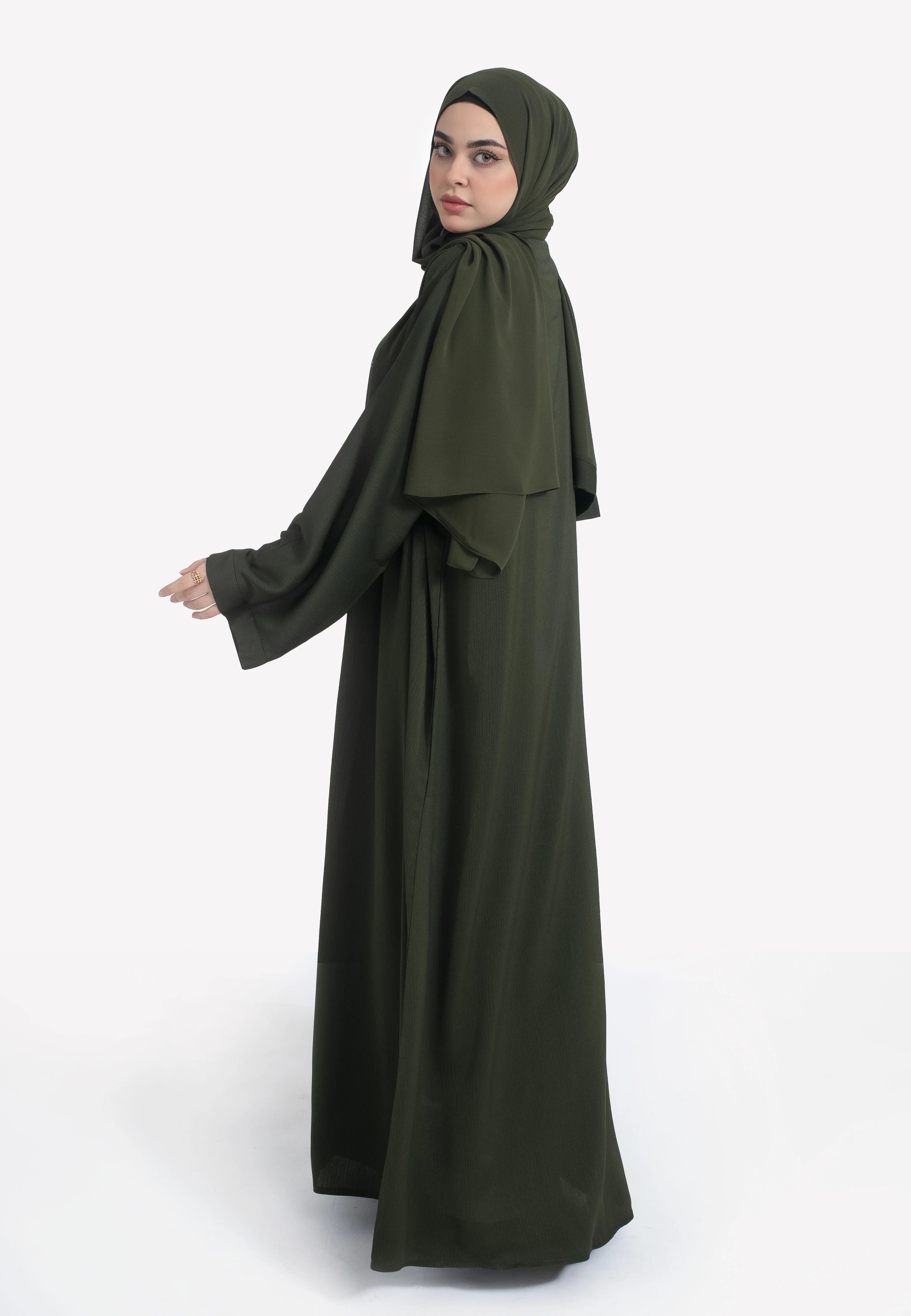 Plain Olive Green Textured Open Abaya - Hayah Al-Muslimah