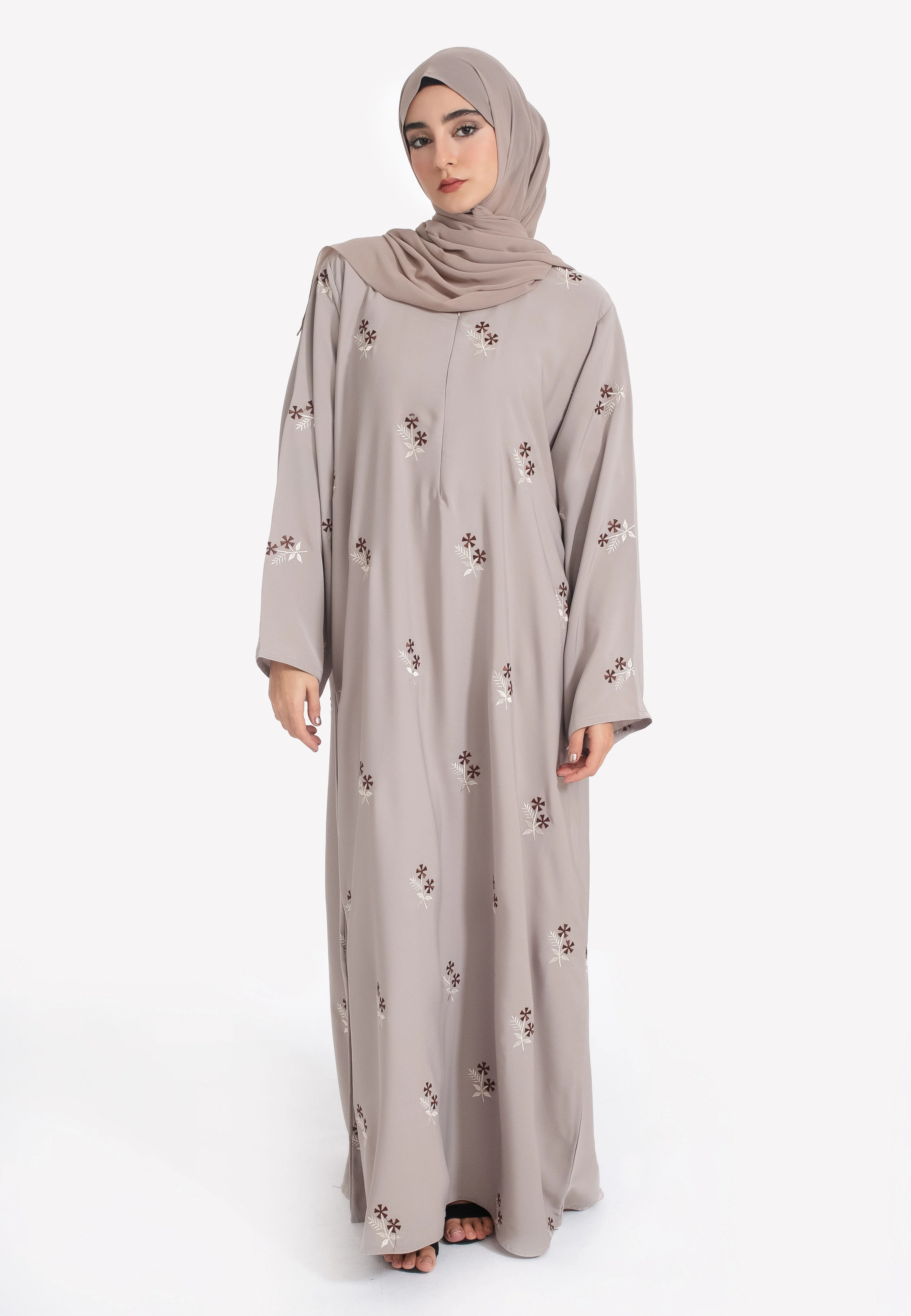 Jasmine Star Embroidered Closed Abaya With Zip - Taupe - Hayah Al-Muslimah