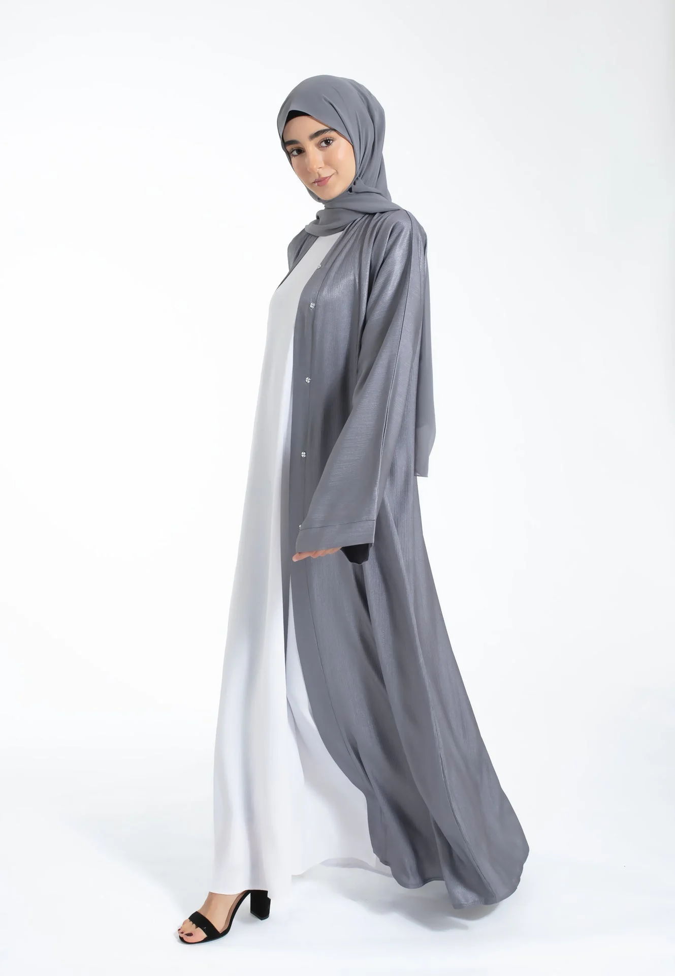 Shimmer Textured Open Abaya - Silver Grey - Hayah Al-Muslimah