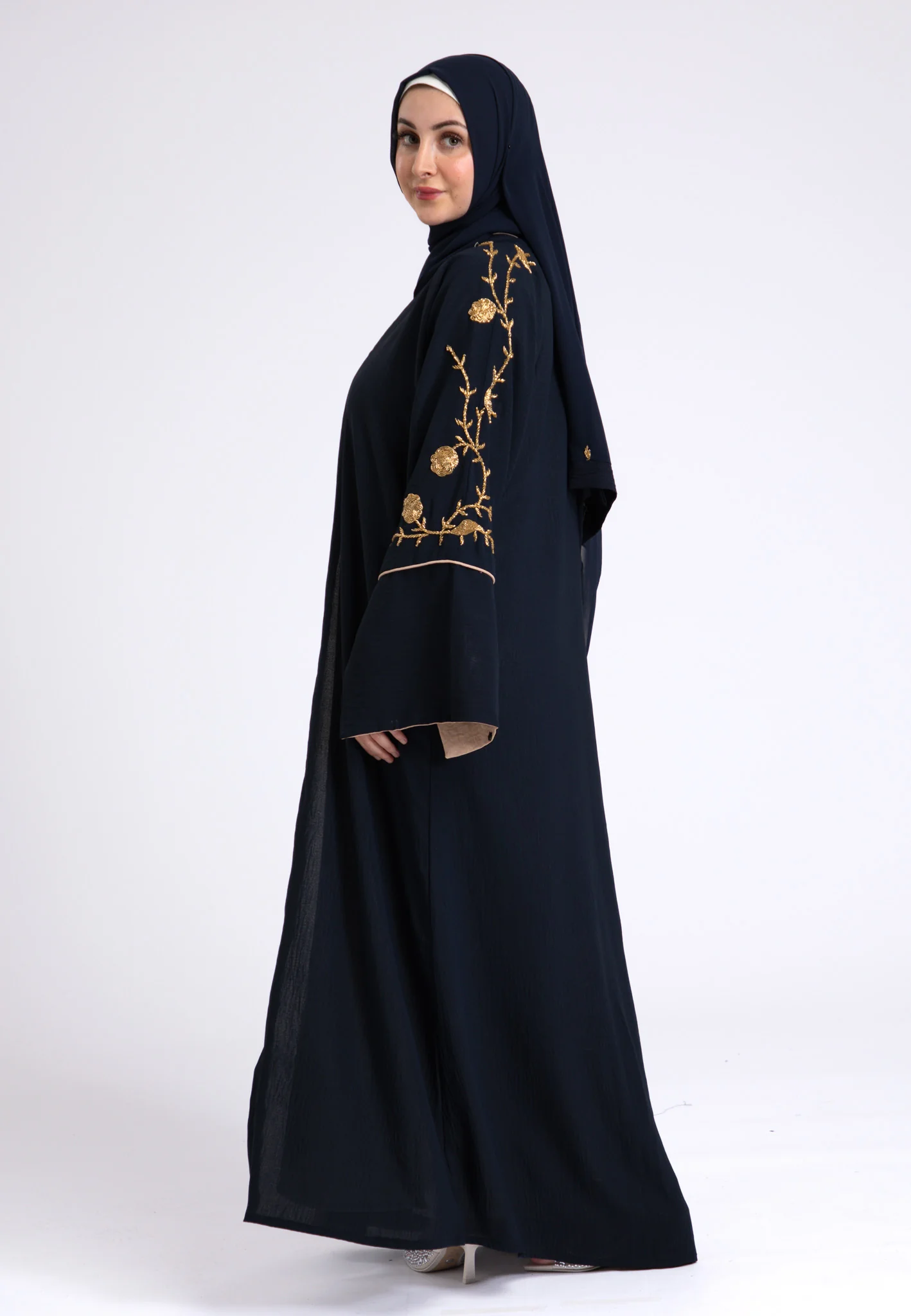 Luxury Midnight Navy Embellished Open Abaya (Premium) - Hayah Al-Muslimah