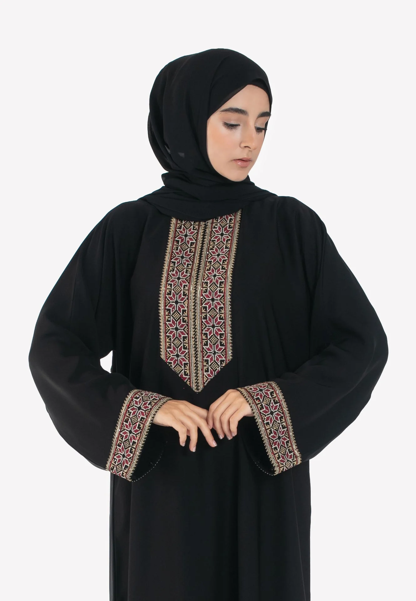 Palestinian Tatreez Closed Abaya - Burgundy & Gold - Hayah Al-Muslimah