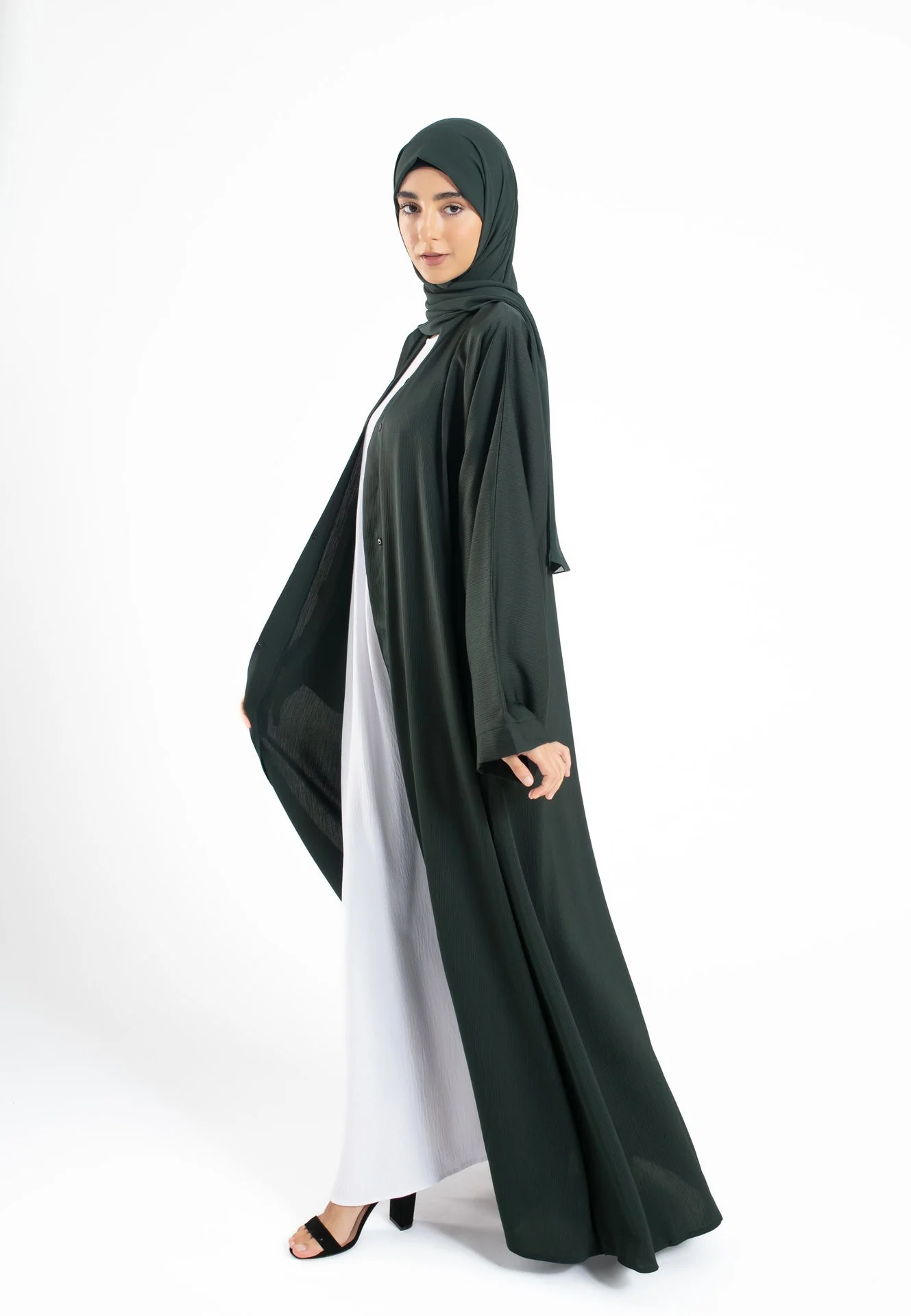 Plain Textured Open Abaya - Forest Green - Hayah Al-Muslimah