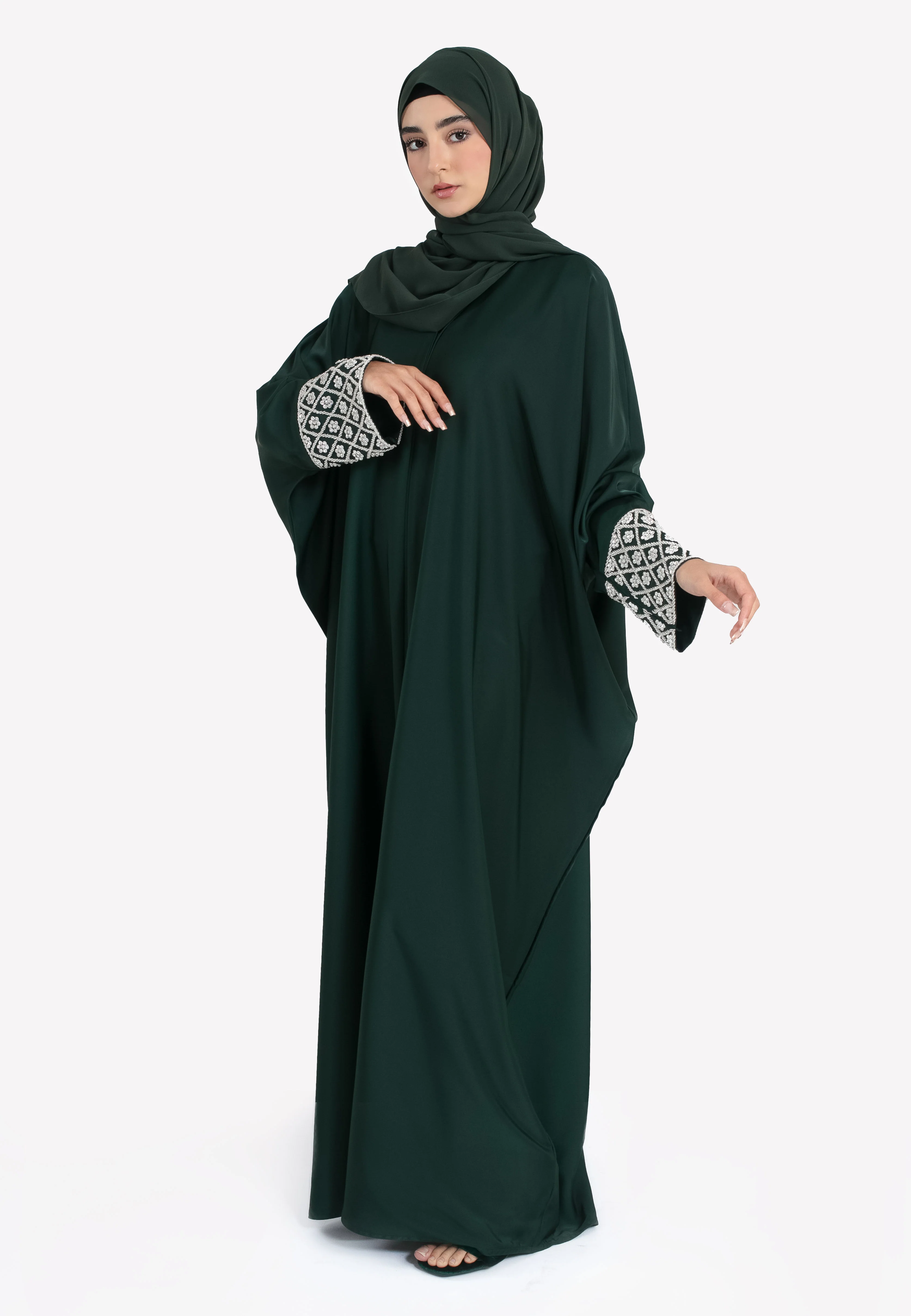 Luxury Forest Closed Farasha with Jewel Embellished Cuffs - Hayah Al-Muslimah